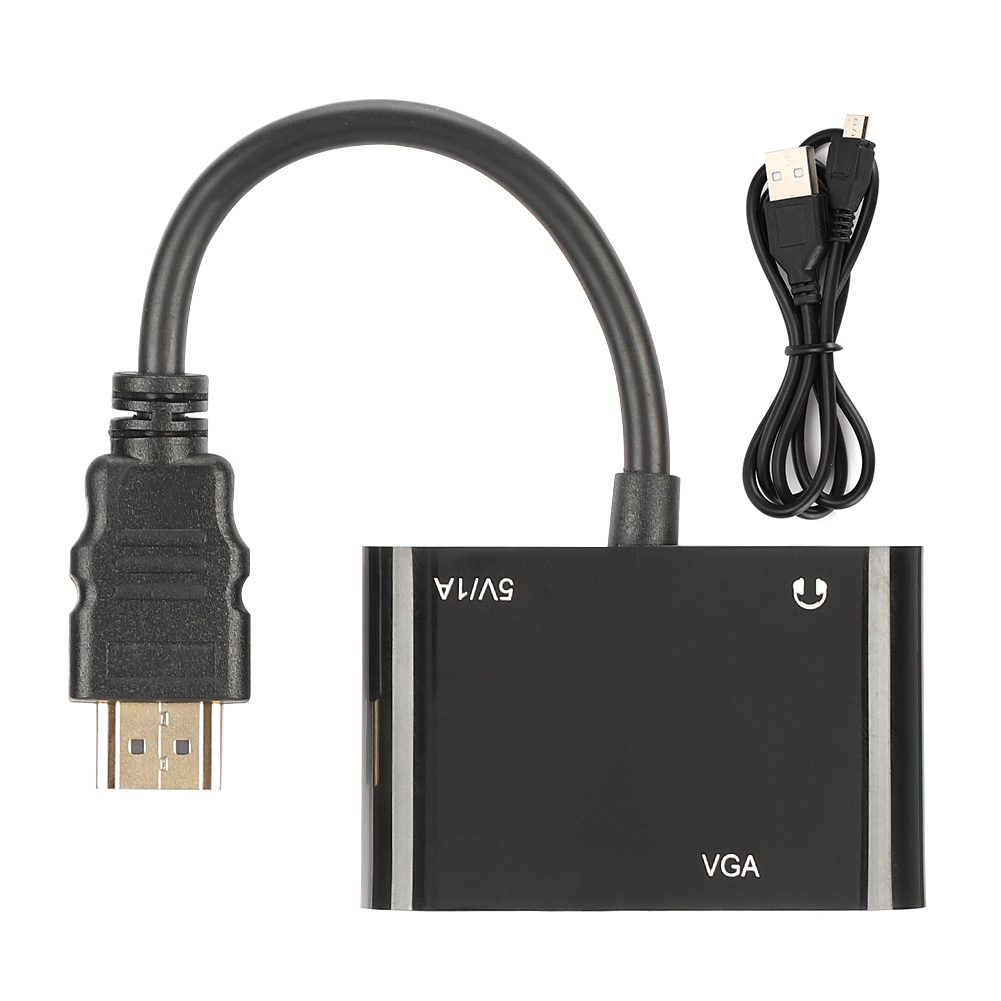 Schwarzer HDMI-zu-VGA-Adapter. Enthält ein schwarzes Kabel, ein schwarzes USB-Kabel und eine schwarze Konverterbox. Der Konverter ist mit VGA und 5V/1A beschriftet.