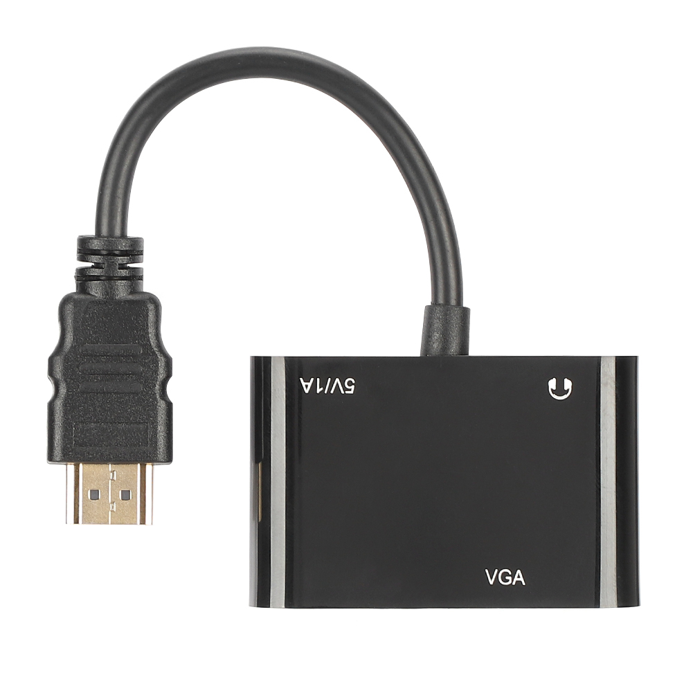 Ein schwarzer HDMI-zu-VGA-Adapter. Er hat ein schwarzes Kabel, das mit einer schwarzen Box verbunden ist. Auf der Box steht VGA.