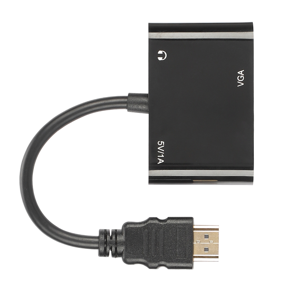 Ein schwarzer HDMI-zu-VGA-Adapter mit gebogenem Kabel. Der Adapter hat VGA- und 5V/1A-Markierungen. HDMI-Anschluss unten.