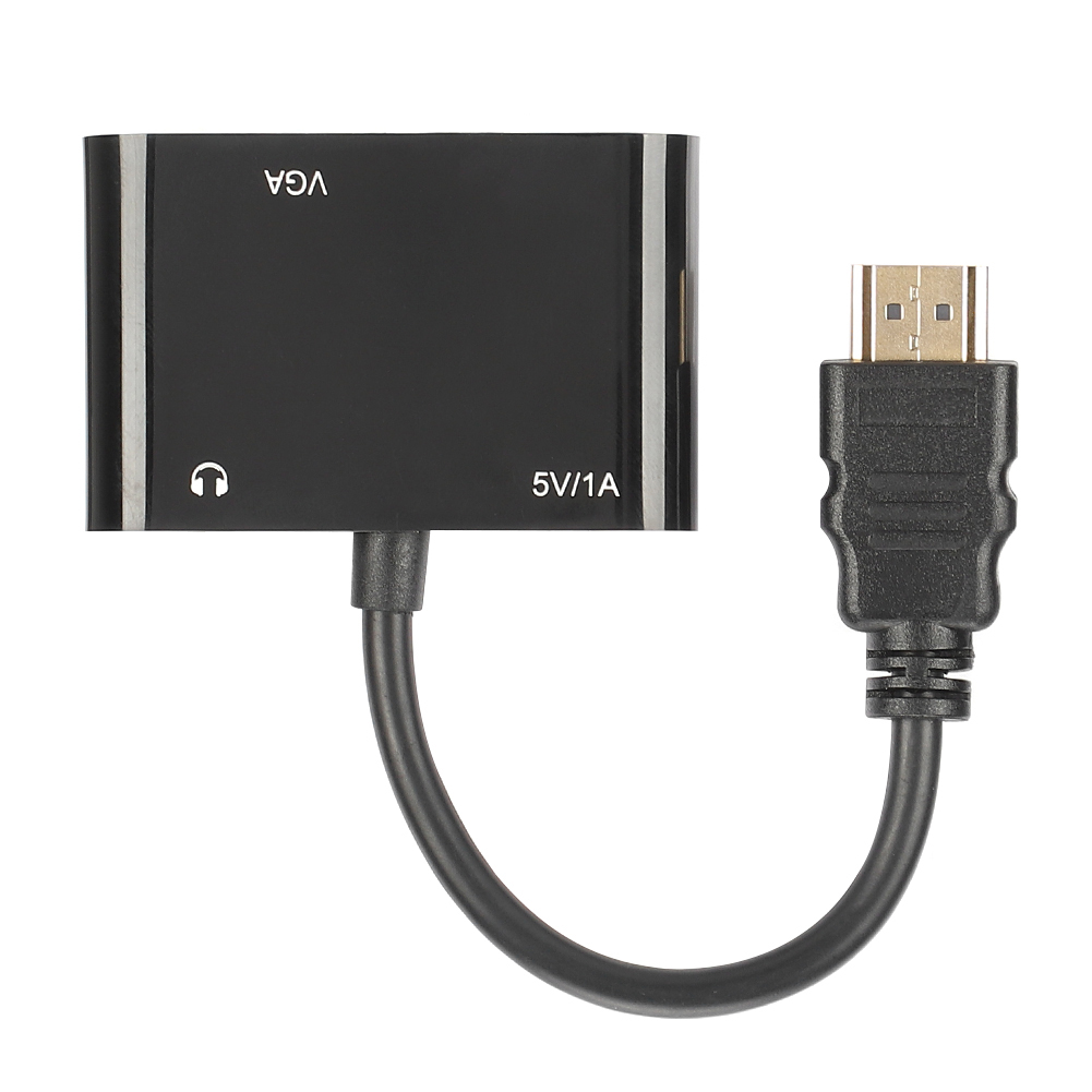 Schwarzer VGA-zu-HDMI-Adapter mit gebogenem Kabel. HDMI-Stecker rechts. VGA-Text, Kopfhörersymbol und 5V/1A-Text sind sichtbar.