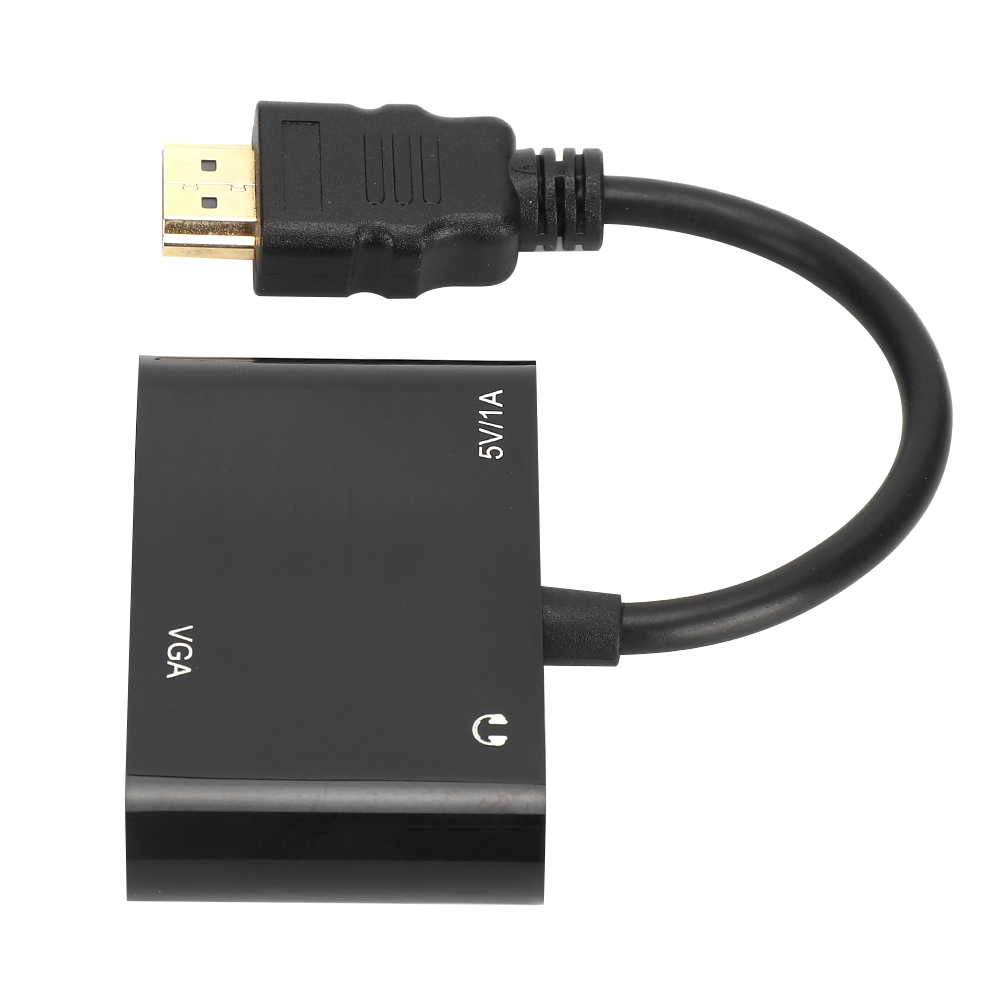 Schwarzer HDMI-zu-VGA-Adapter. Er hat einen HDMI-Anschluss, ein schwarzes Kabel und eine schwarze Box mit VGA- und 5V/1A-Beschriftung.