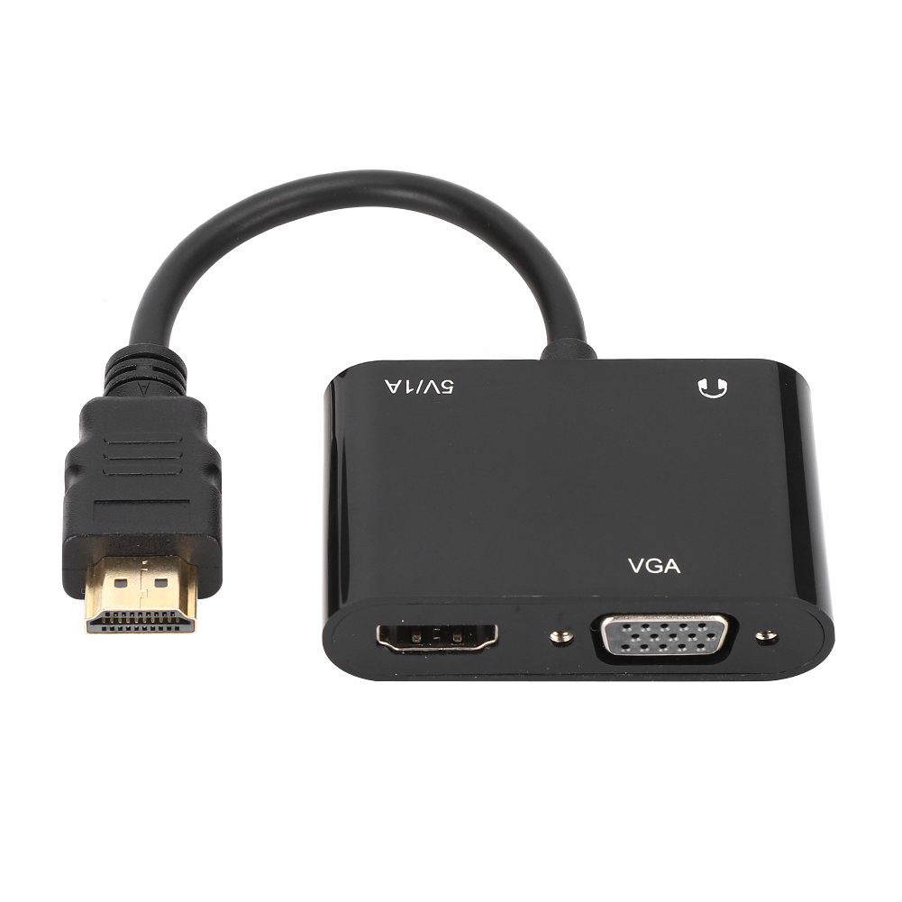 Schwarzer HDMI-zu-VGA-Adapter. Er hat ein schwarzes Kabel, das mit einer schwarzen Box mit HDMI-, VGA-Anschlüssen und 5V/1A-Markierung verbunden ist.