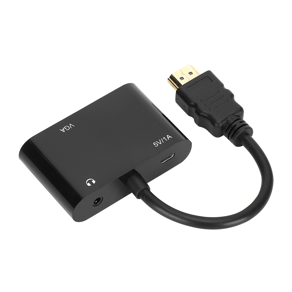 Ein schwarzer HDMI-zu-VGA-Adapter. Er hat eine 3,5-mm-Audiobuchse und einen Micro-USB-Anschluss. Ein HDMI-Kabel geht vom Gerät ab.