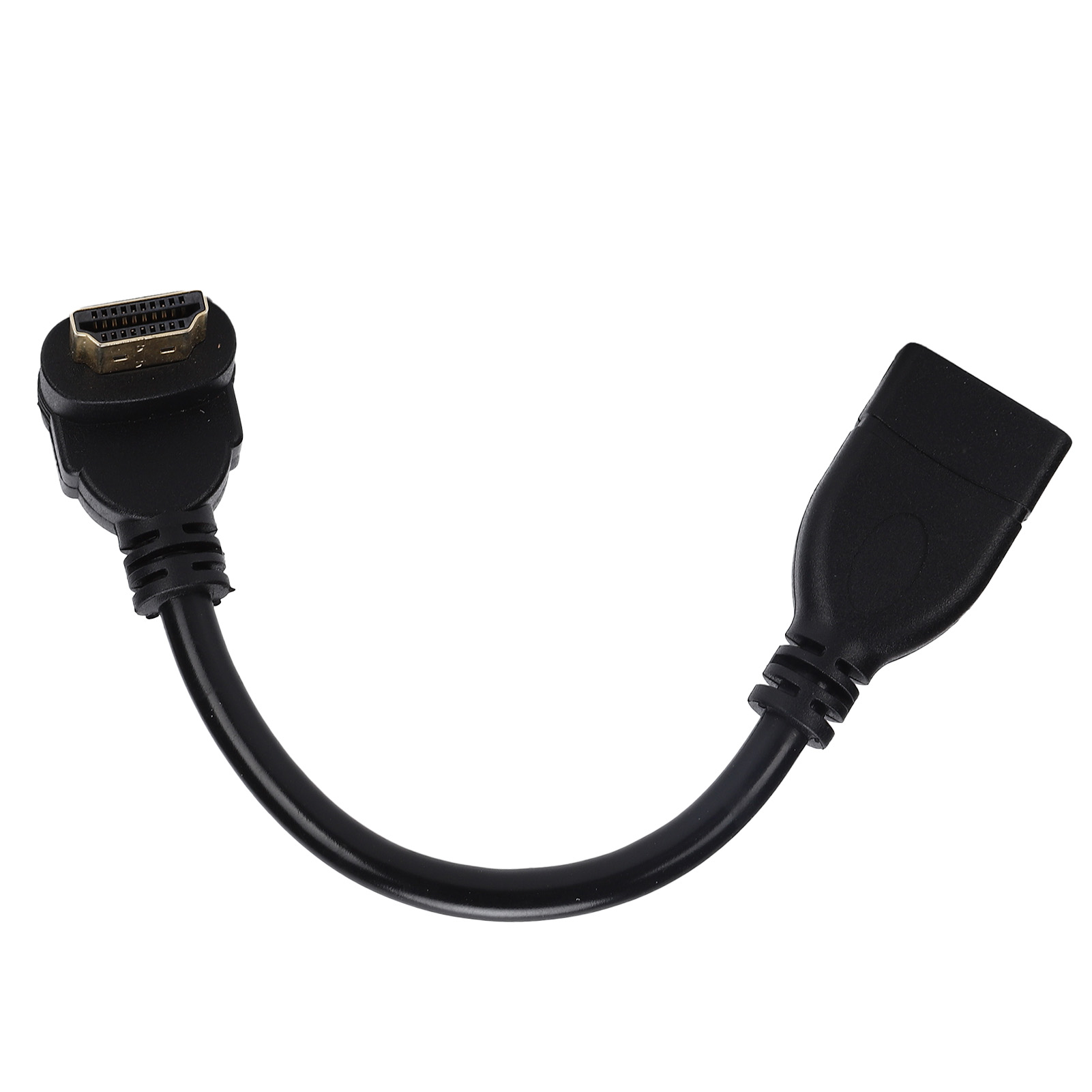 Ein schwarzes HDMI-Adapterkabel. Ein Ende ist ein HDMI-Stecker, das andere ein HDMI-Anschluss. Das Kabel ist gebogen.