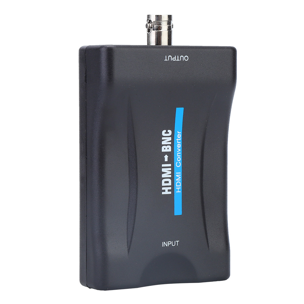 Ein schwarzer HDMI-zu-BNC-Konverter mit einem silbernen Anschluss an der Oberseite. Der Text 'HDMI to BNC' und 'HDMI Converter' ist auf der Vorderseite zu sehen.