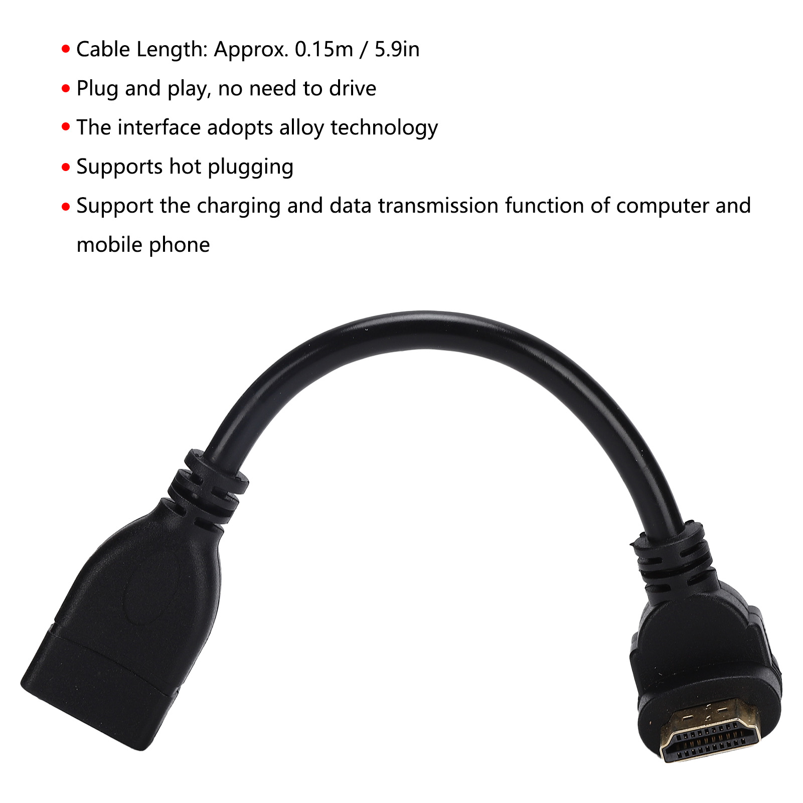 Schwarzes HDMI-Kabel mit zwei Anschlüssen auf weißem Hintergrund. Das Kabel ist in einem Bogen gebogen.