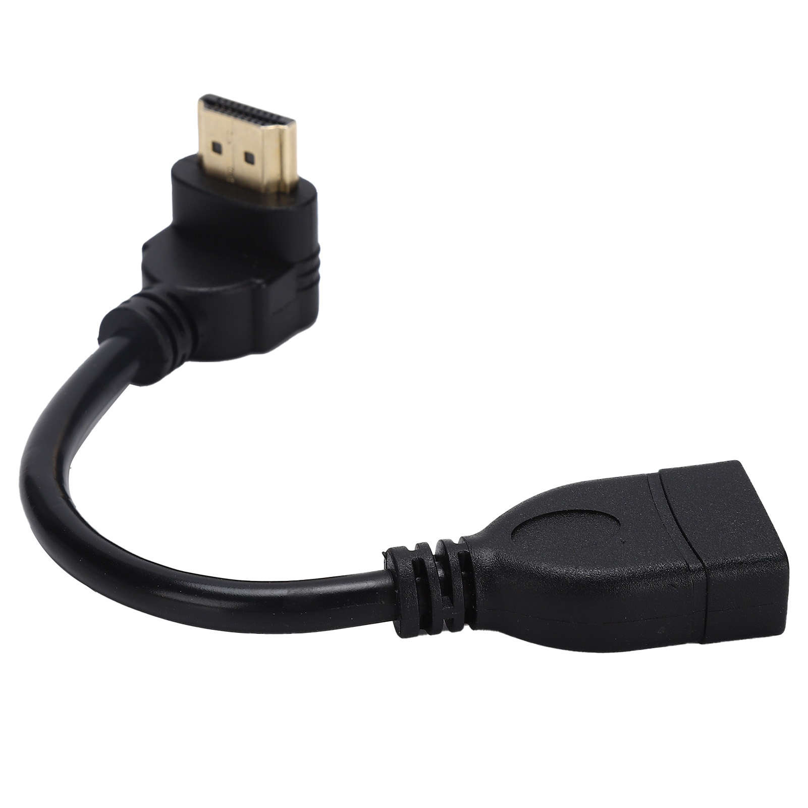 Ein schwarzes HDMI-Kabel mit goldenem Stecker. Das Kabel ist gebogen und hat einen Buchsenanschluss am anderen Ende. Weißer Hintergrund.
