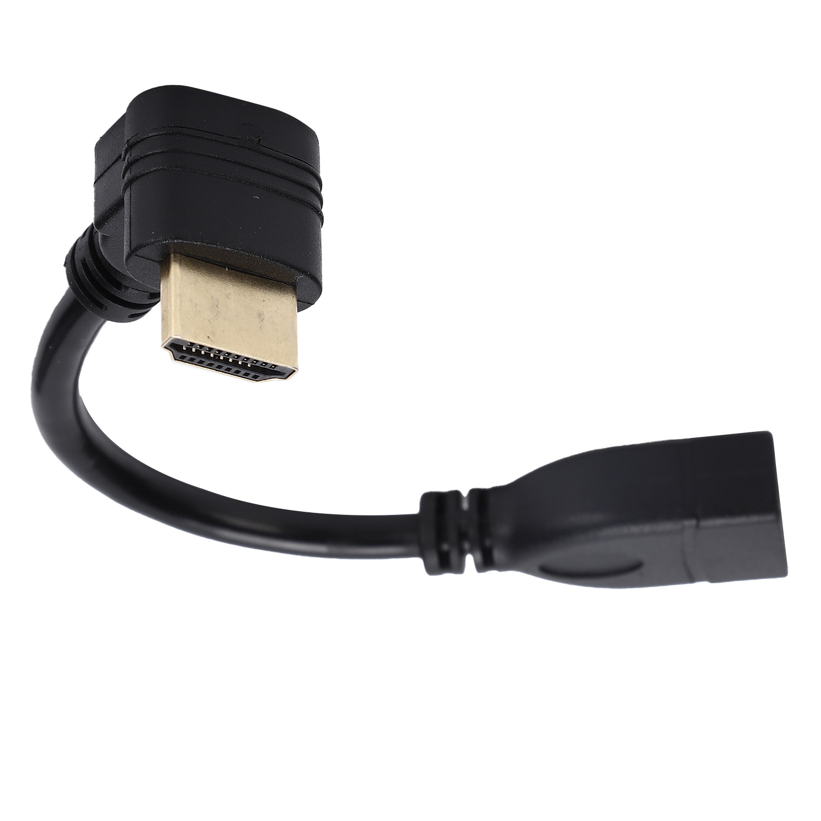Ein schwarzer HDMI-Adapter. Ein Ende ist ein rechtwinkliger Stecker mit einem goldfarbenen Anschluss. Das andere Ende ist ein gerader Stecker.