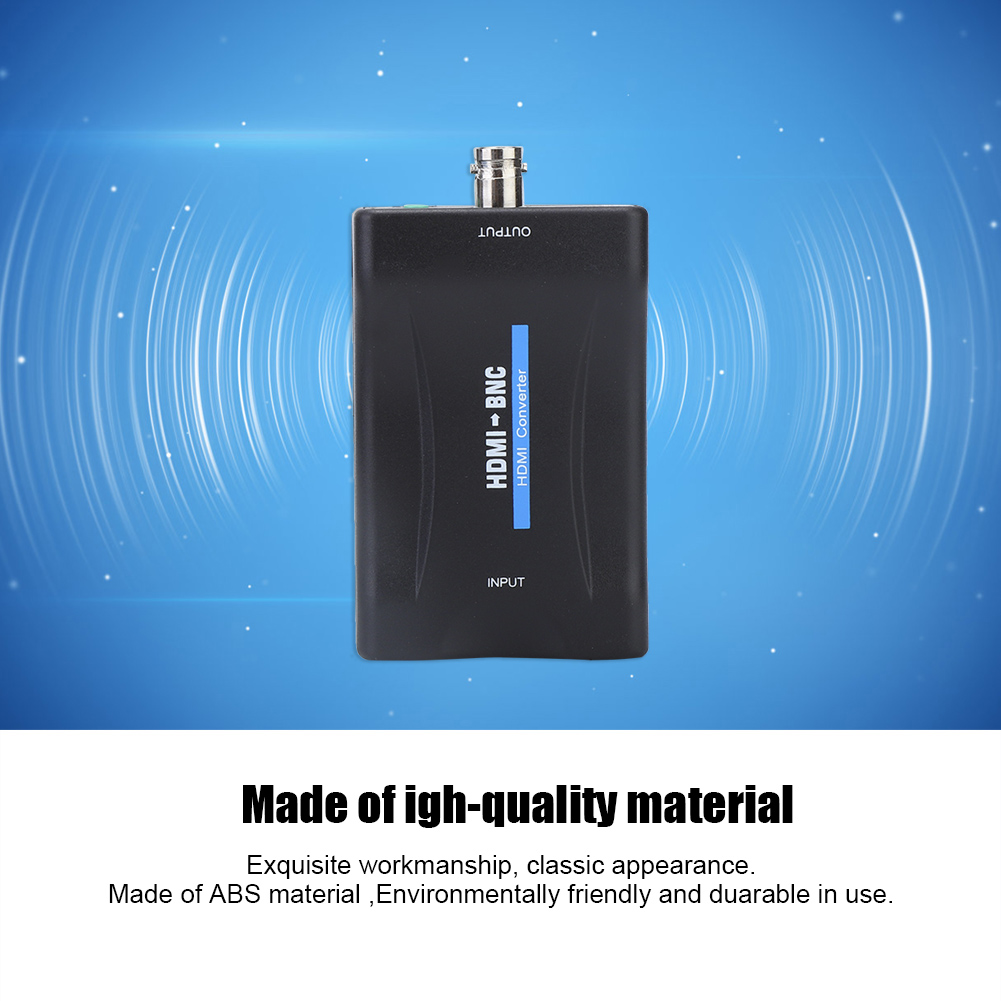 Ein schwarzer HDMI-BNC-Konverter vor blauem Hintergrund. Er hat Eingangs-/Ausgangsmarkierungen und einen Metallanschluss.