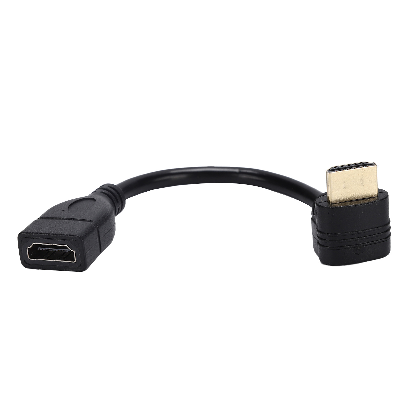 Ein HDMI-Kabel mit einem weiblichen Anschluss an einem Ende und einem männlichen Anschluss am anderen, verbunden durch ein schwarzes, gebogenes Kabel.