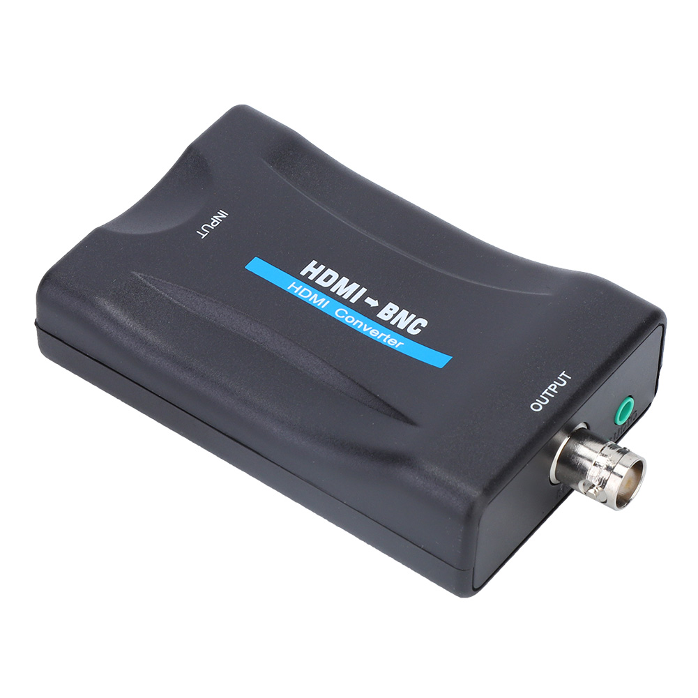 Schwarzer HDMI-BNC-Konverter. Hat Eingangs- und Ausgangsanschlüsse mit BNC-Stecker. Auf der Oberseite steht 'HDMI-BNC HDMI Converter'.