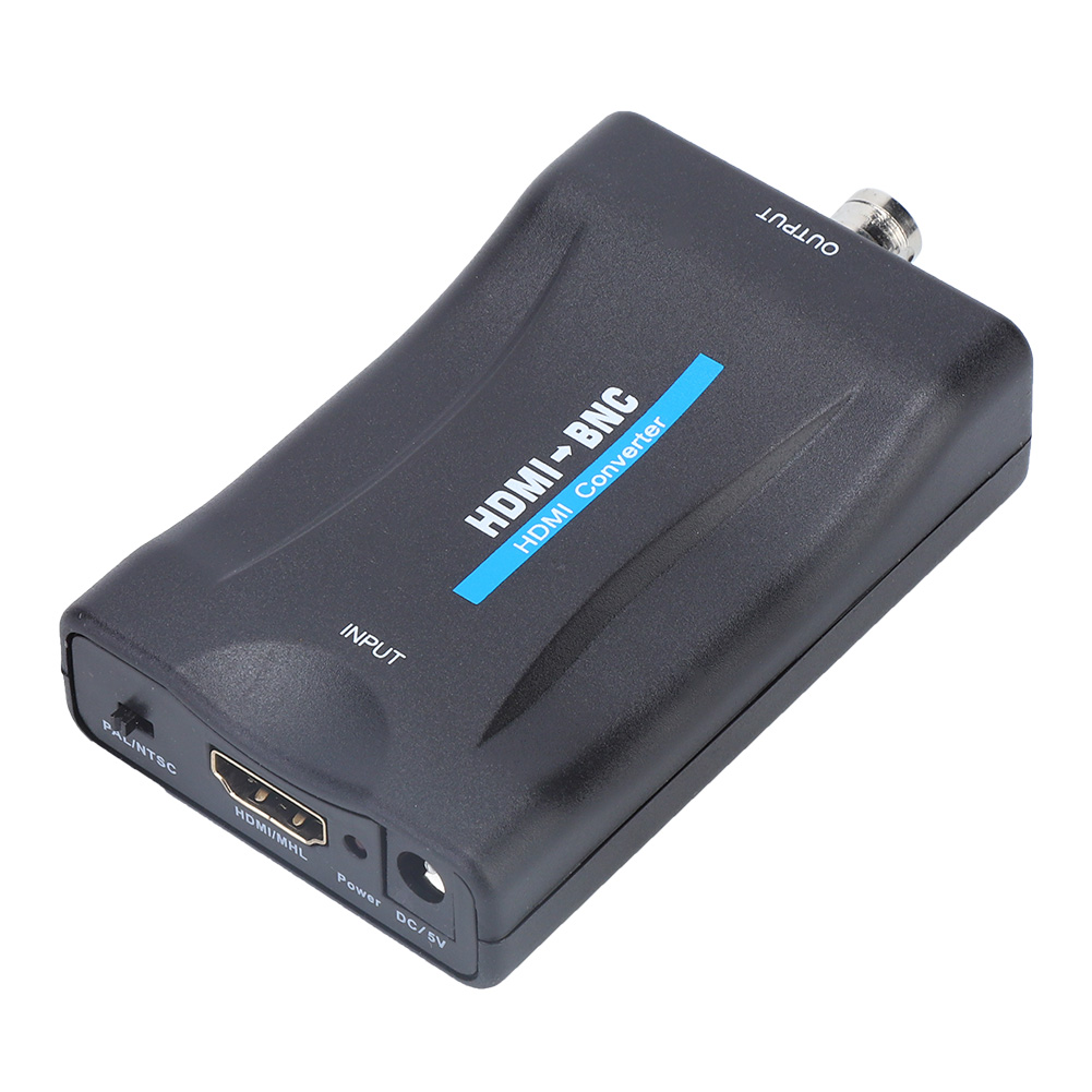 Ein schwarzer HDMI-BNC-Konverter auf weißem Hintergrund. Es hat Eingangs- und Ausgangsanschlüsse und Text, der seine Funktion angibt.