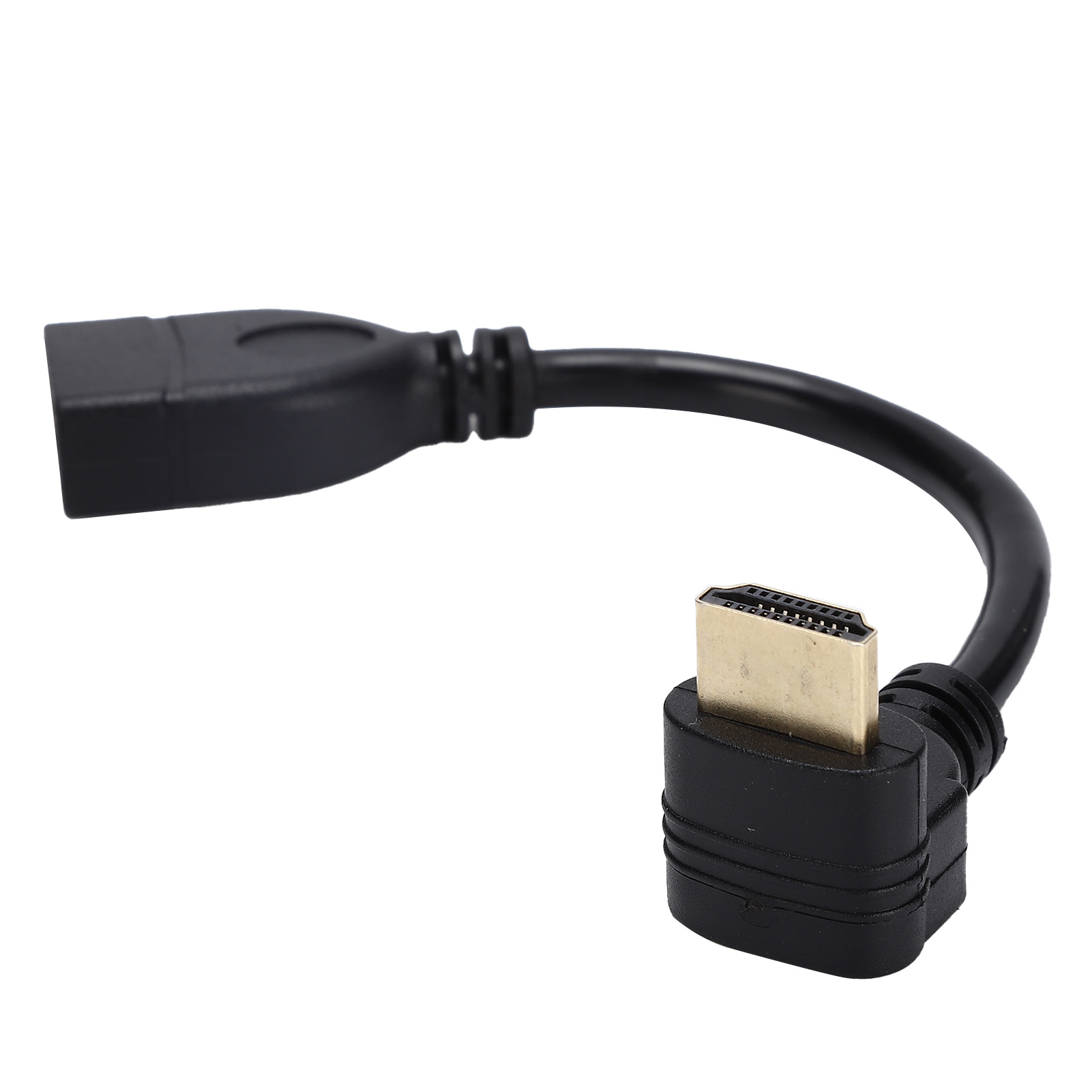 Schwarzes HDMI-Adapterkabel mit Goldstecker auf weißem Hintergrund. Das Kabel hat ein gebogenes Design.
