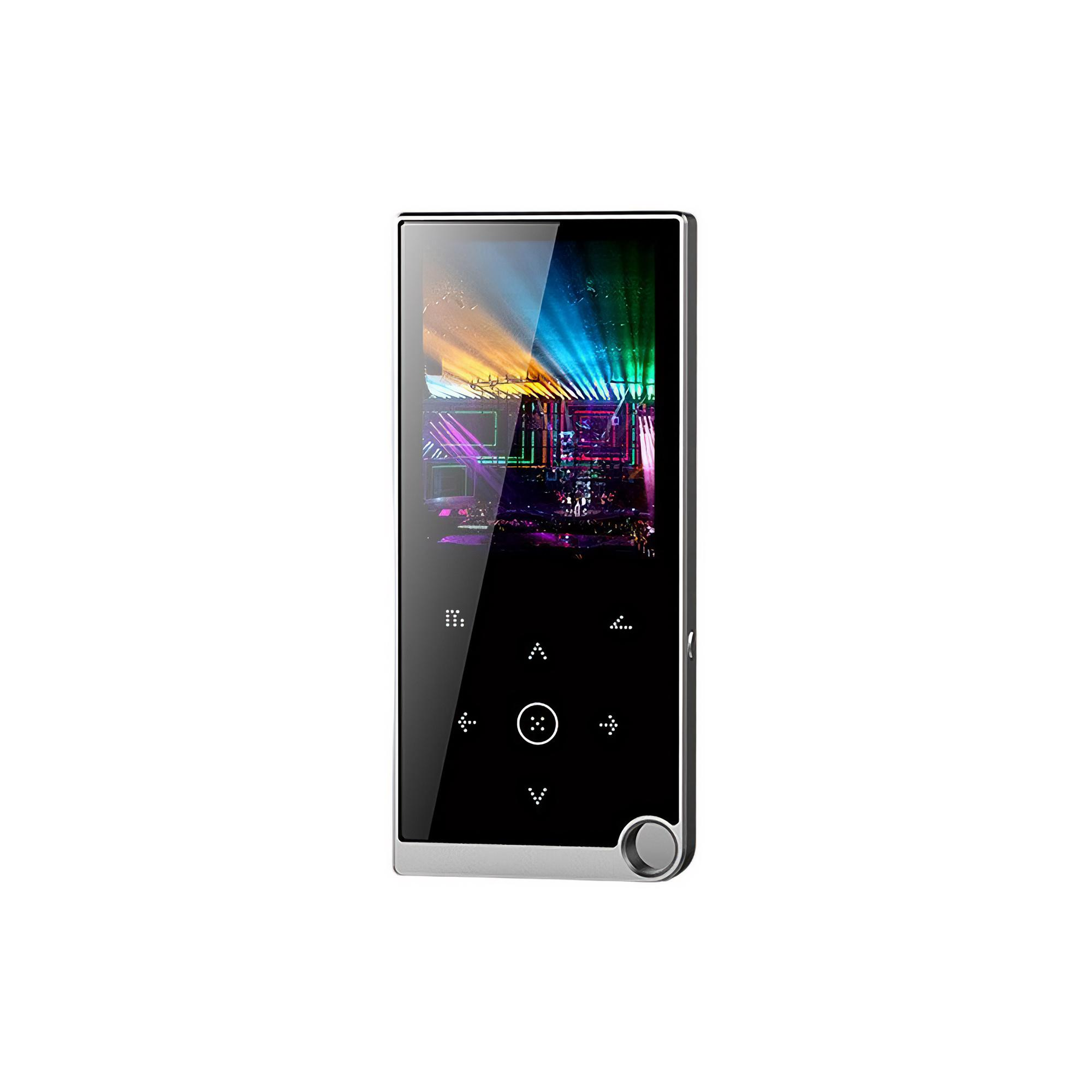 Ein schwarzer MP3-Player mit farbenfrohem Bildschirm. Es hat silberne Kanten und einen Knopf auf der rechten Seite. Der Hintergrund ist weiß.