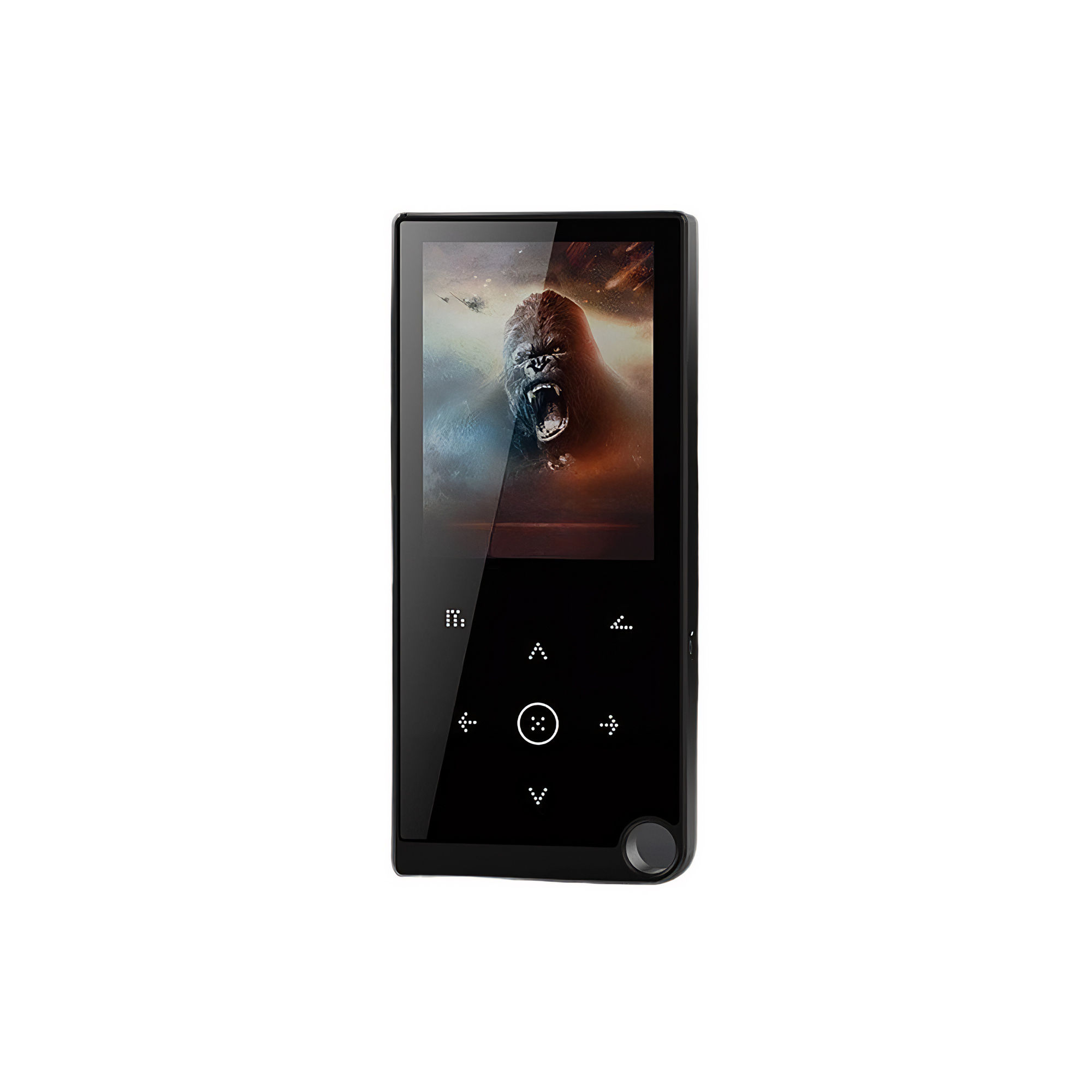 Schwarzer MP3-Player zeigt ein Gorillabild. Er hat Steuertasten und einen runden Knopf an der Seite. Weißer Hintergrund.