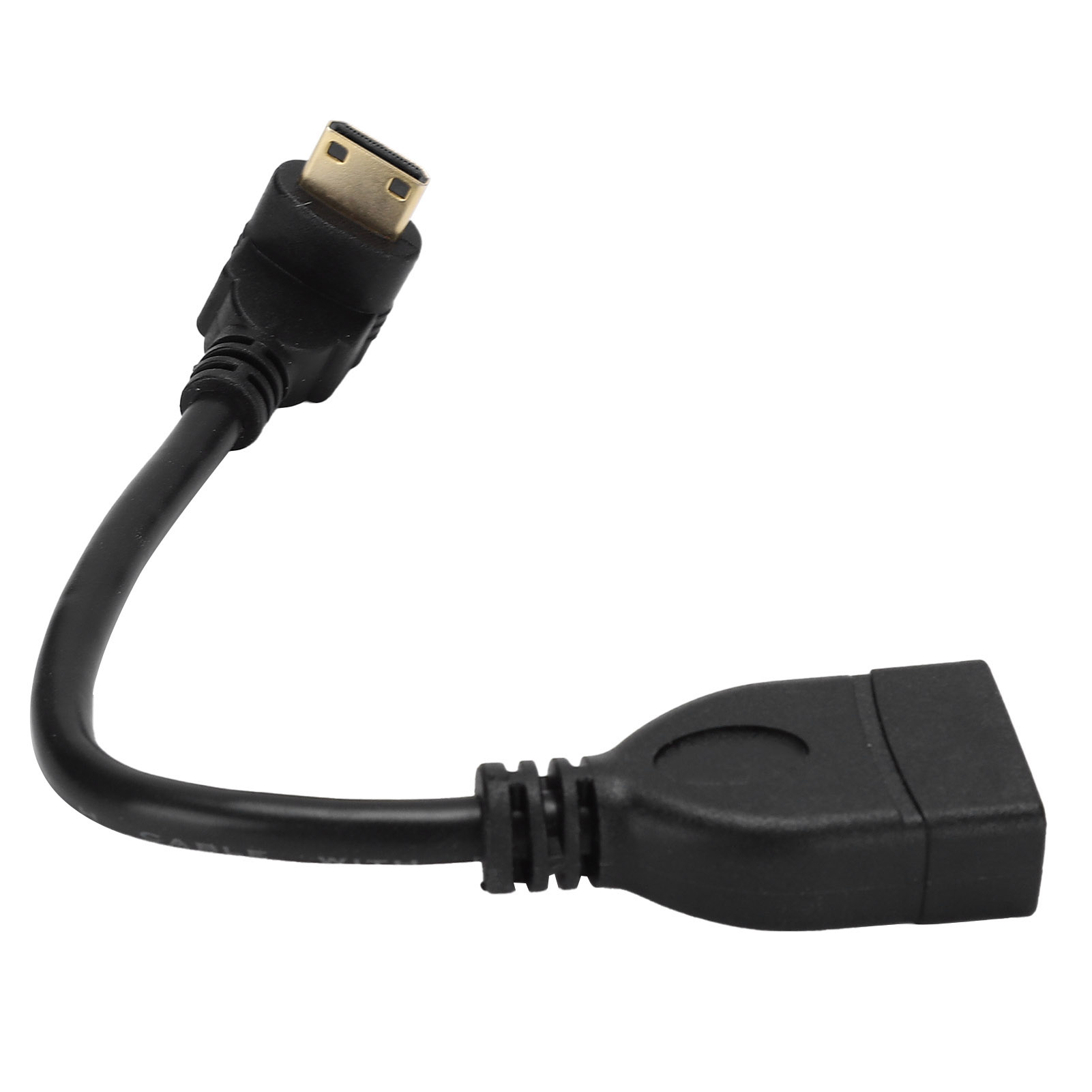 Schwarzes HDMI-Kabel mit goldenem Stecker. Das Kabel ist gebogen und endet in einem größeren, schwarzen Stecker. Weißer Hintergrund.
