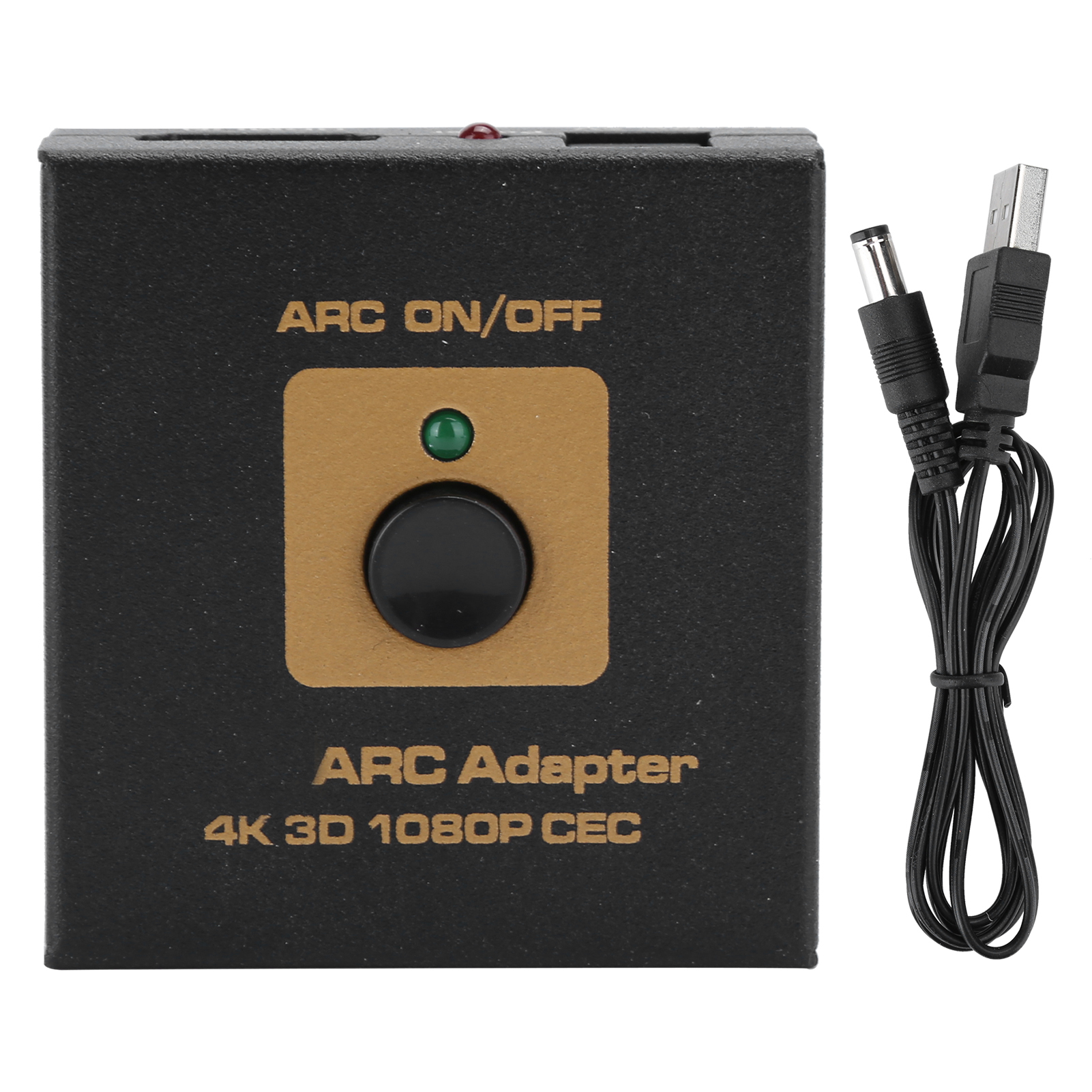 Schwarzer ARC-Adapter mit Knopf, Ein/Aus-Etikett und Kabeln. Enthält ein Strom- und USB-Kabel. Weißer Hintergrund.