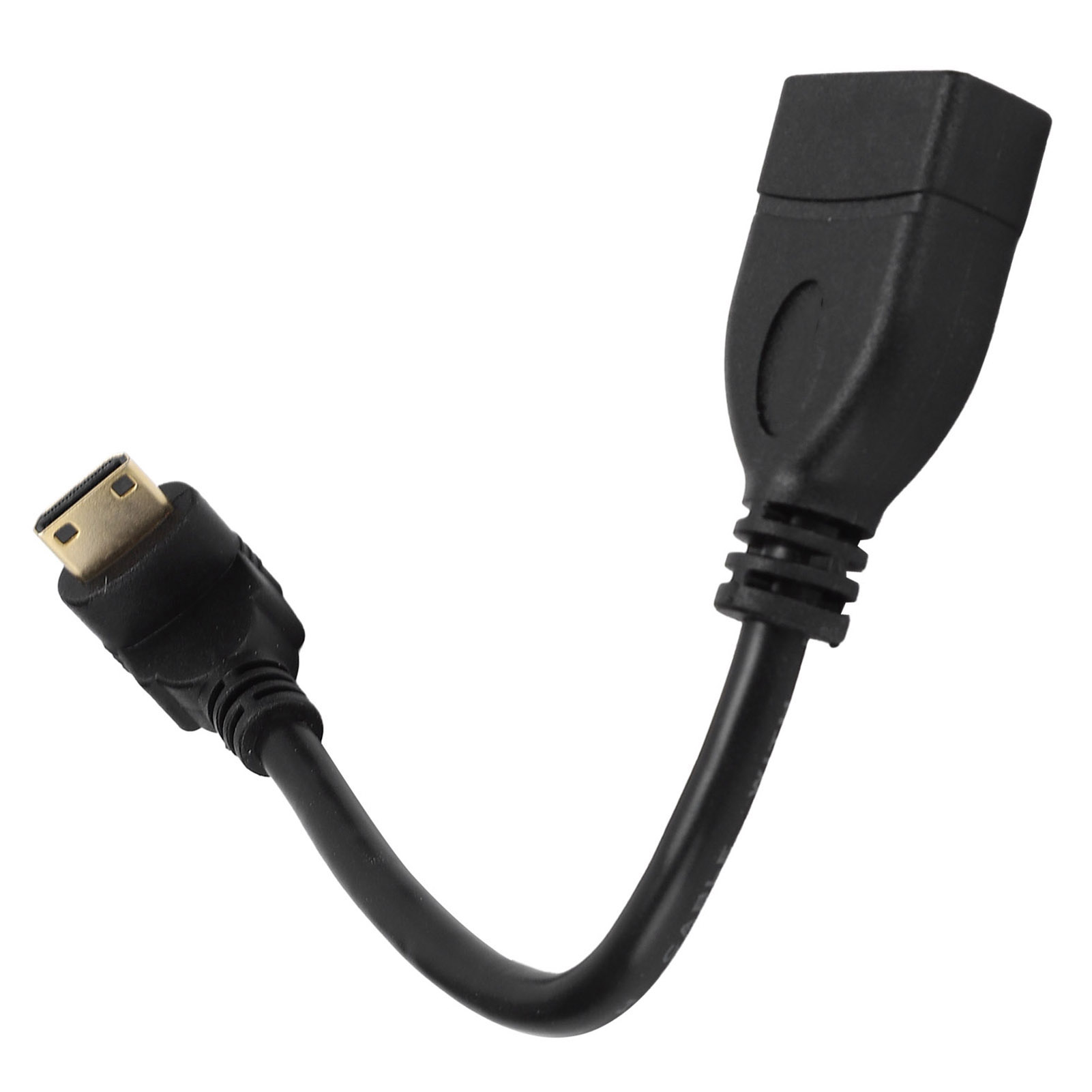 Ein schwarzes HDMI-Adapterkabel mit goldfarbenem Stecker auf weißem Grund.