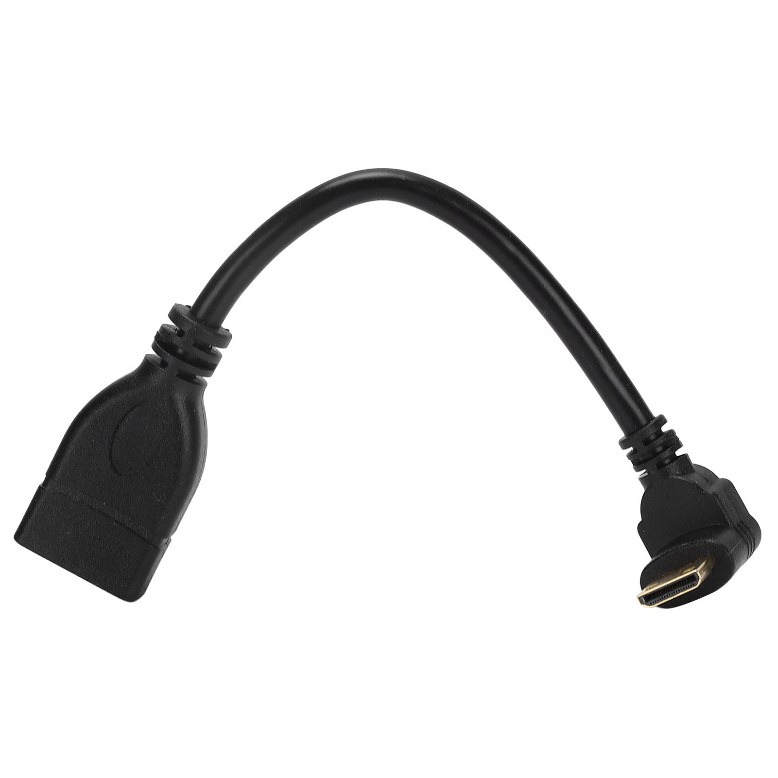 Ein schwarzes HDMI-Kabel mit gebogenem Design. Es hat einen Buchsenanschluss an einem Ende und einen abgewinkelten Stecker am anderen.