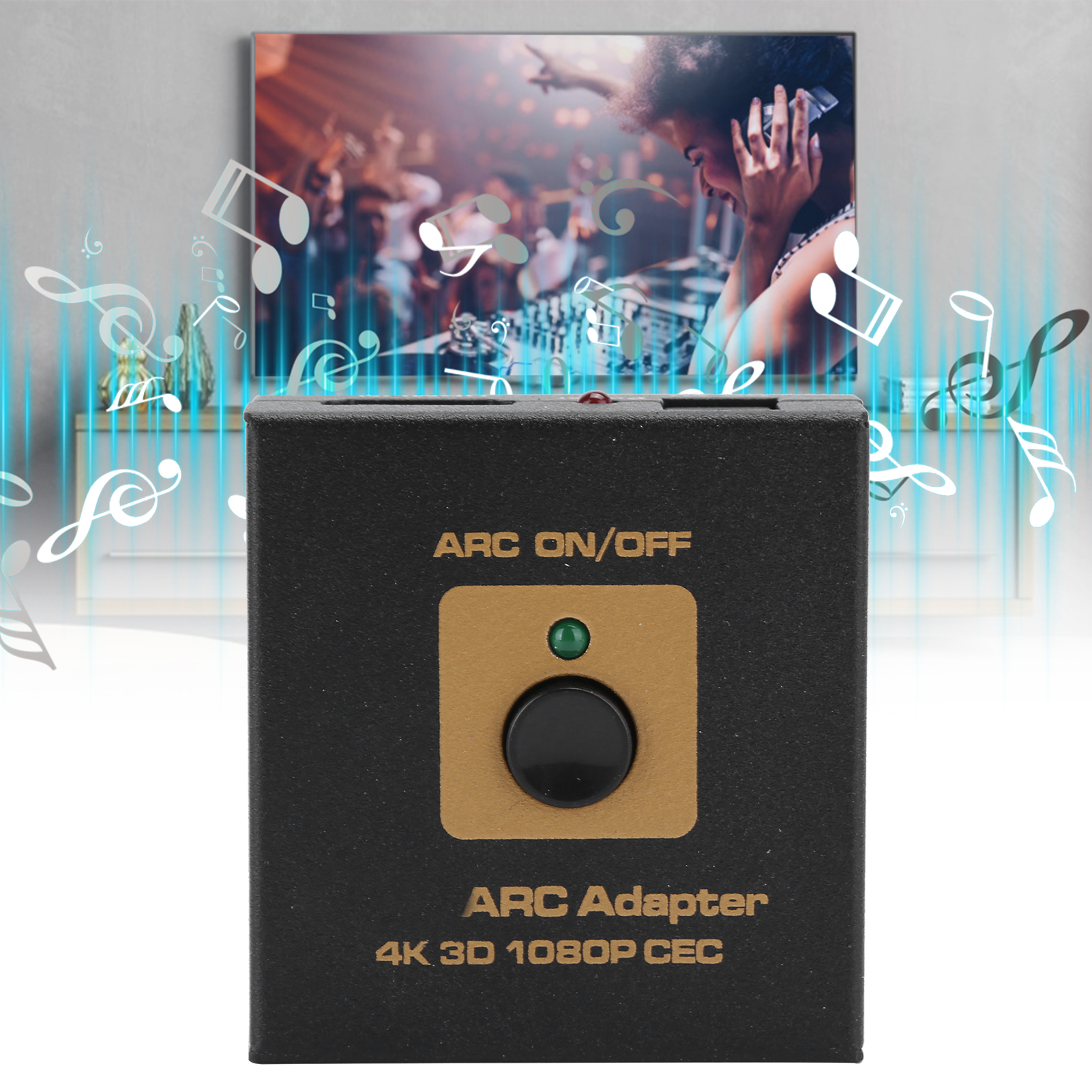 Schwarzer ARC-Adapter mit goldenen Akzenten, einem schwarzen Knopf und einem grünen Licht. Im Hintergrund ein DJ-Bild mit Noten.