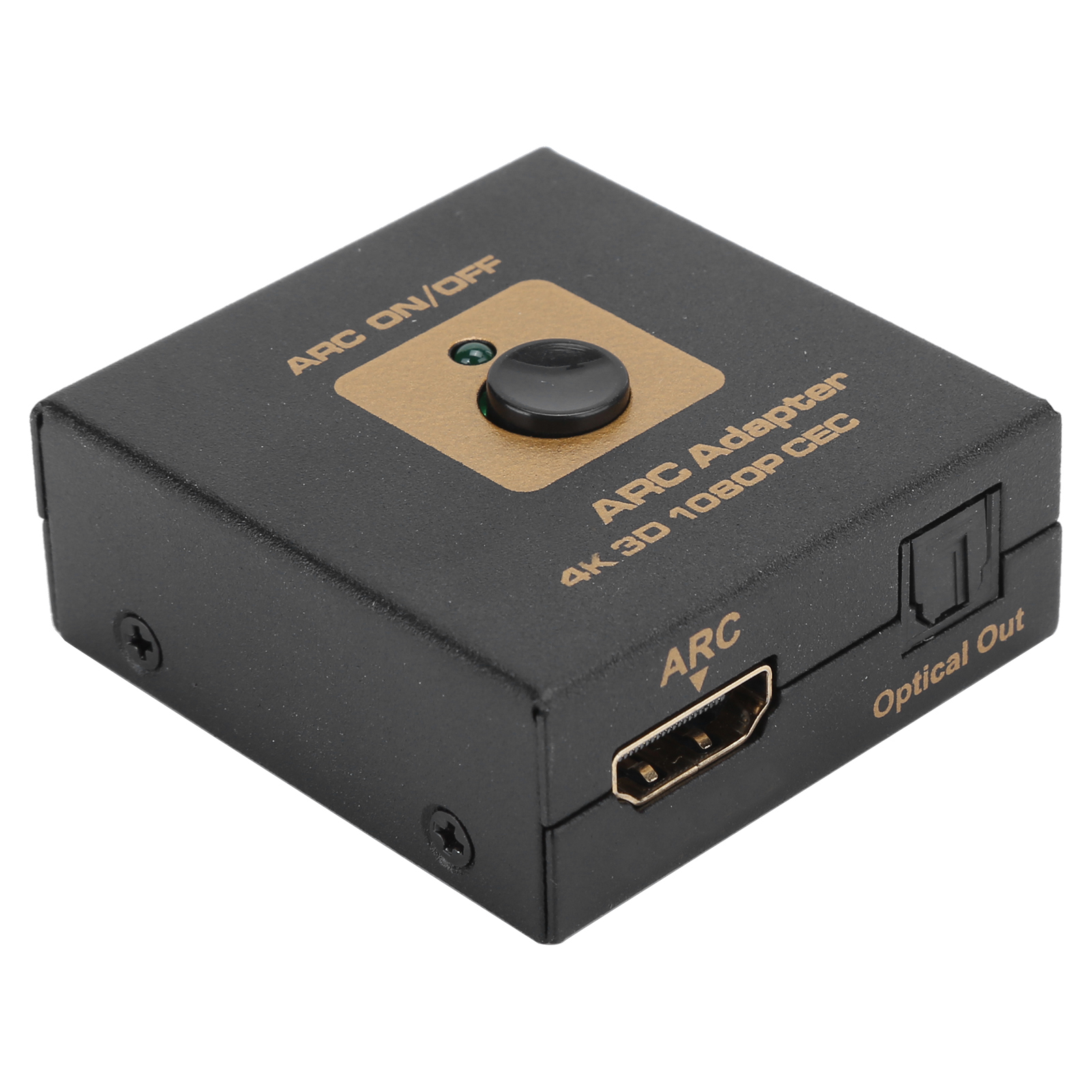 Schwarzer ARC-Adapter. Er hat einen HDMI-Anschluss, einen optischen Ausgang und eine Taste mit der Bezeichnung ON/OFF. Goldakzente und weißer Hintergrund.