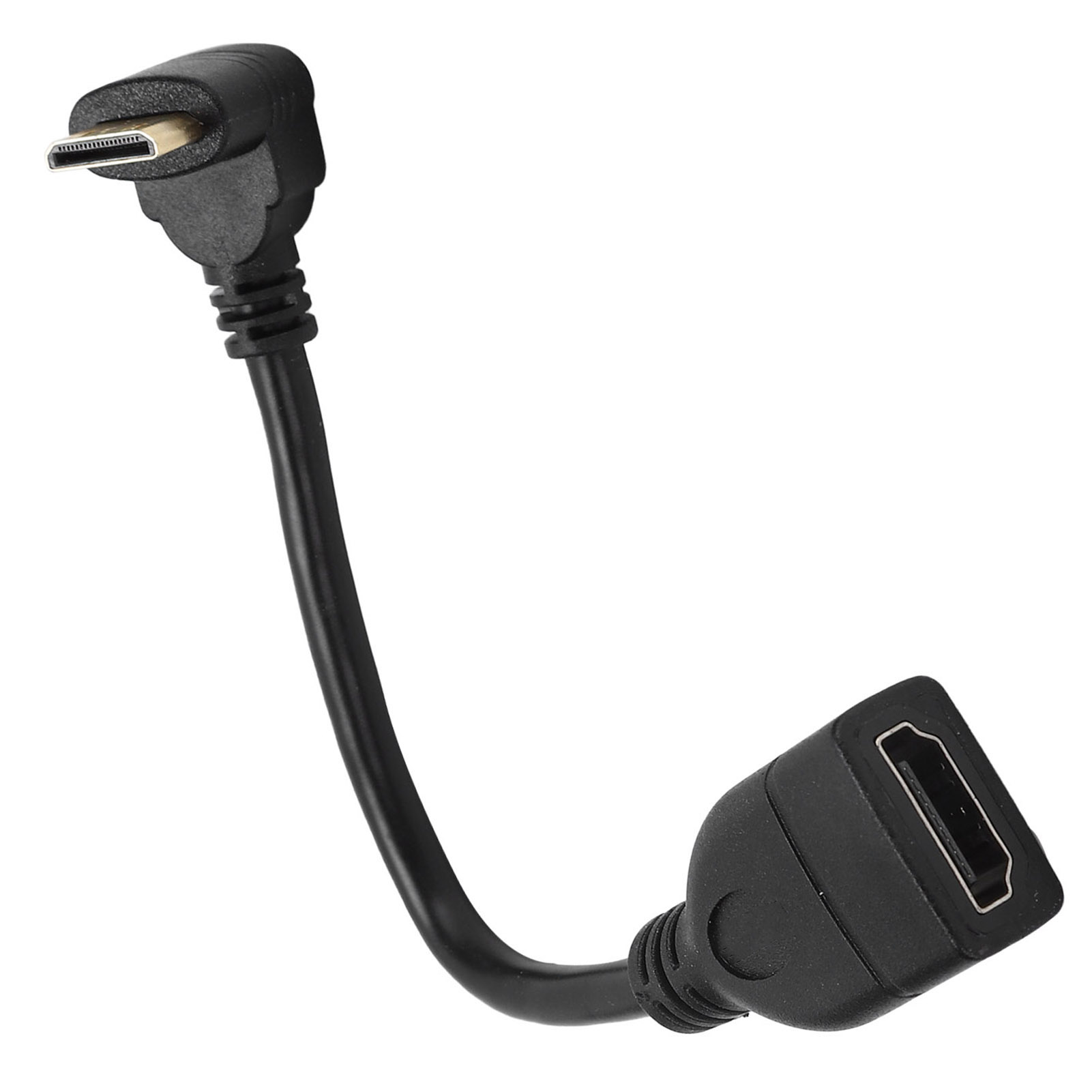 Schwarzes HDMI-Adapterkabel mit Mini-HDMI-Anschluss an einem Ende und Standard-HDMI-Anschluss am anderen, gebogene Form.
