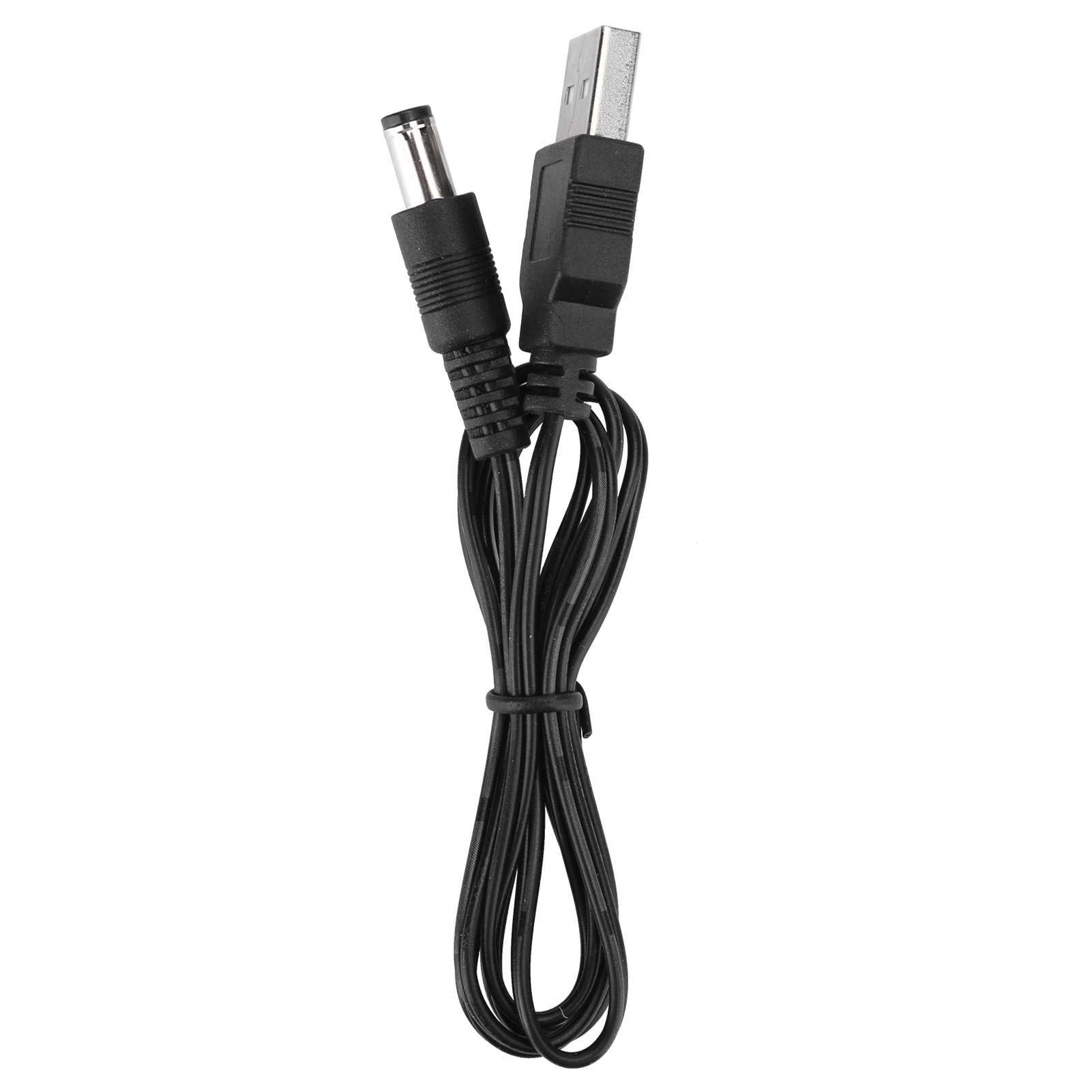 Schwarzes USB-zu-DC-Stromkabel auf weißem Hintergrund. Das Kabel ist mit einem schwarzen Kabelbinder gebündelt.