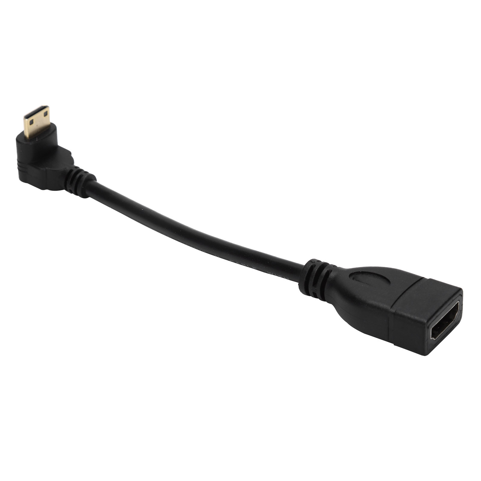 Ein schwarzes HDMI-Adapterkabel mit einem rechtwinkligen Micro-HDMI-Stecker und einem Standard-HDMI-Stecker.
