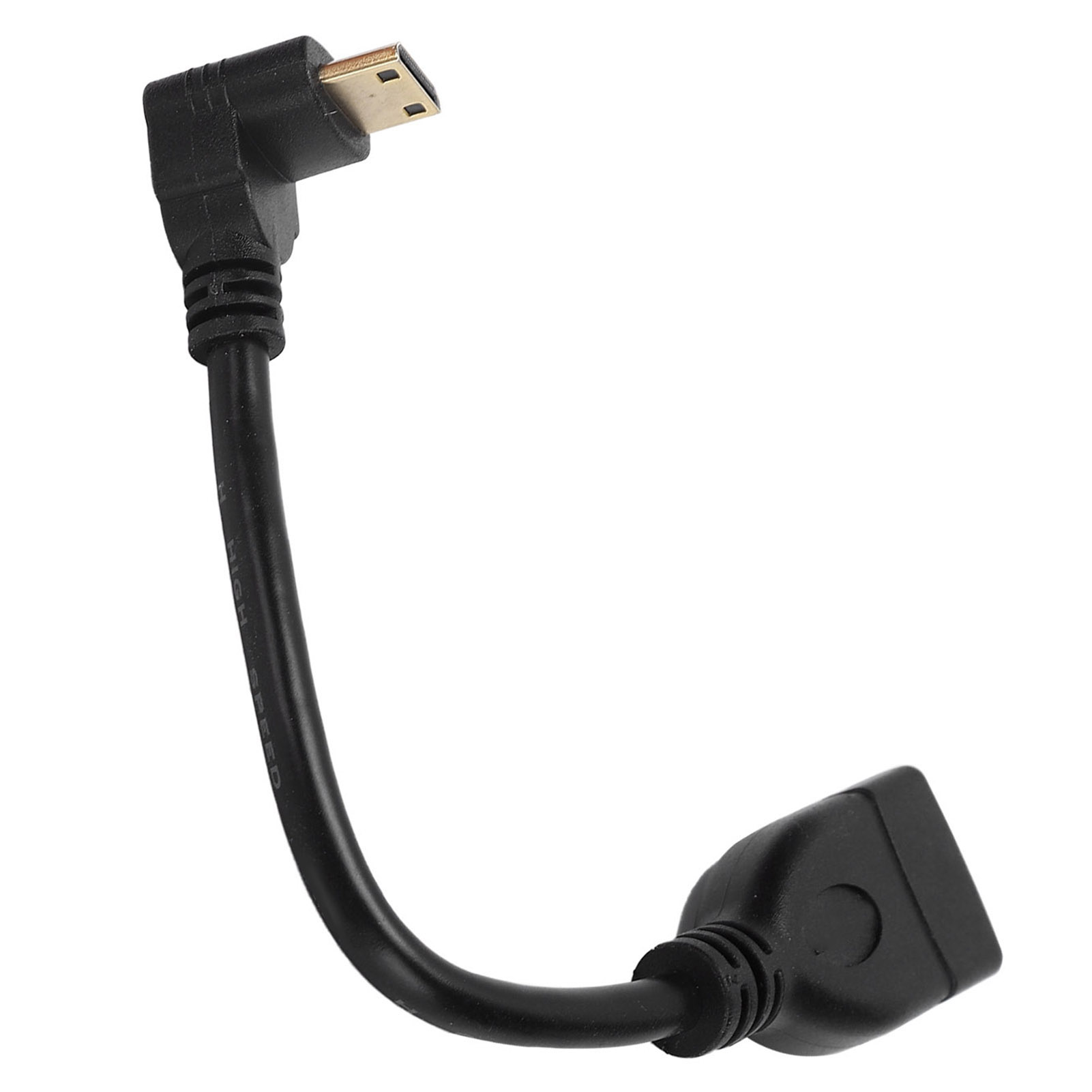 Schwarzes USB-Kabel mit abgewinkeltem Stecker und Buchse. Die Stecker sind schwarz, das USB-Ende ist goldfarben.