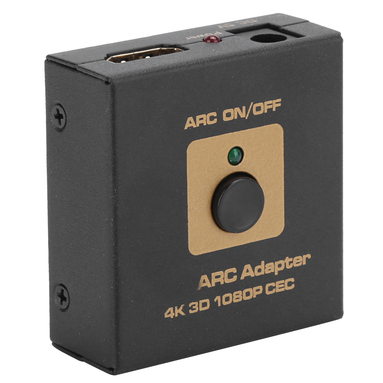 Schwarzer ARC-Adapter mit goldenen Details. Er hat einen Knopf, eine Kontrollleuchte und Anschlüsse.