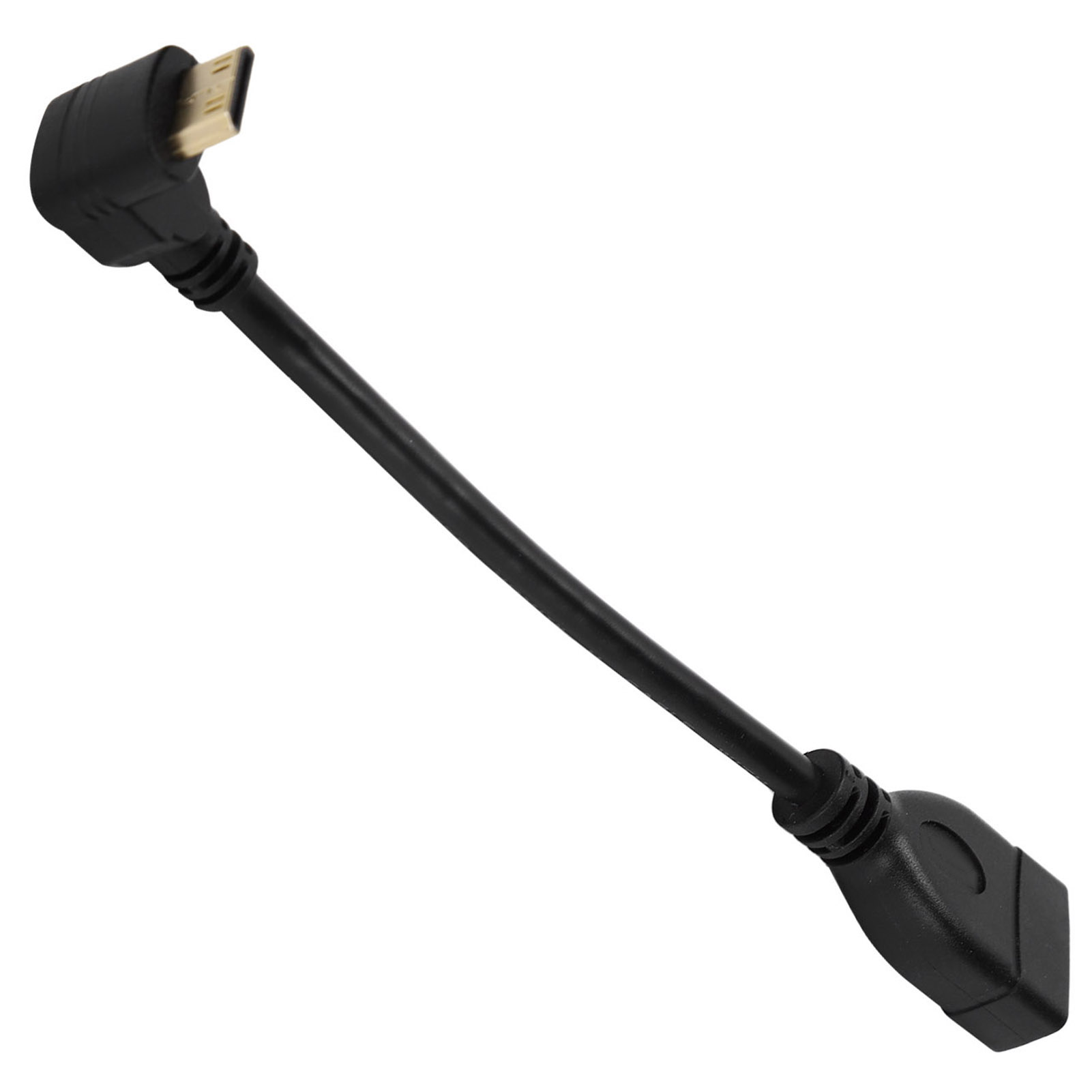 Ein schwarzer HDMI-Kabeladapter. Er hat einen Winkelstecker an einem Ende und einen Standardstecker am anderen Ende, auf weißem Hintergrund.