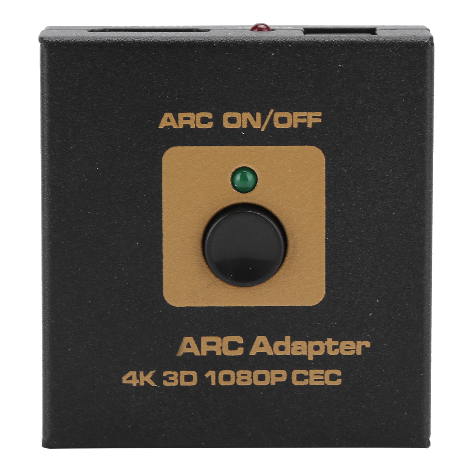 Schwarzer ARC-Adapter mit goldfarbenem Panel. Hat einen Knopf, eine grüne LED und Text: ARC ON/OFF, ARC Adapter, 4K 3D 1080P CEC.
