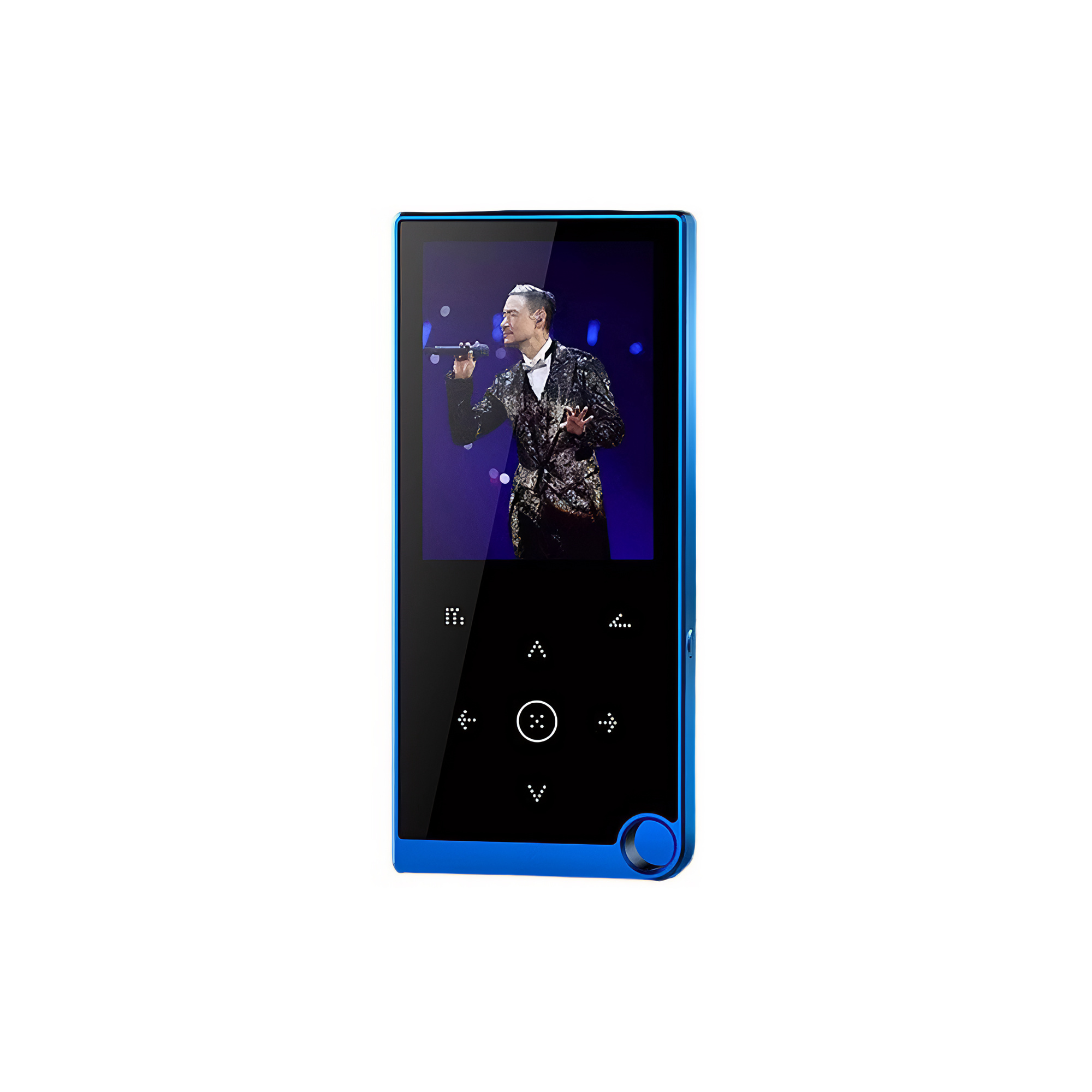 Ein blauer MP3-Player zeigt einen Mann, der auf einer Bühne singt. Das Gerät hat Steuertasten und ein Rad.