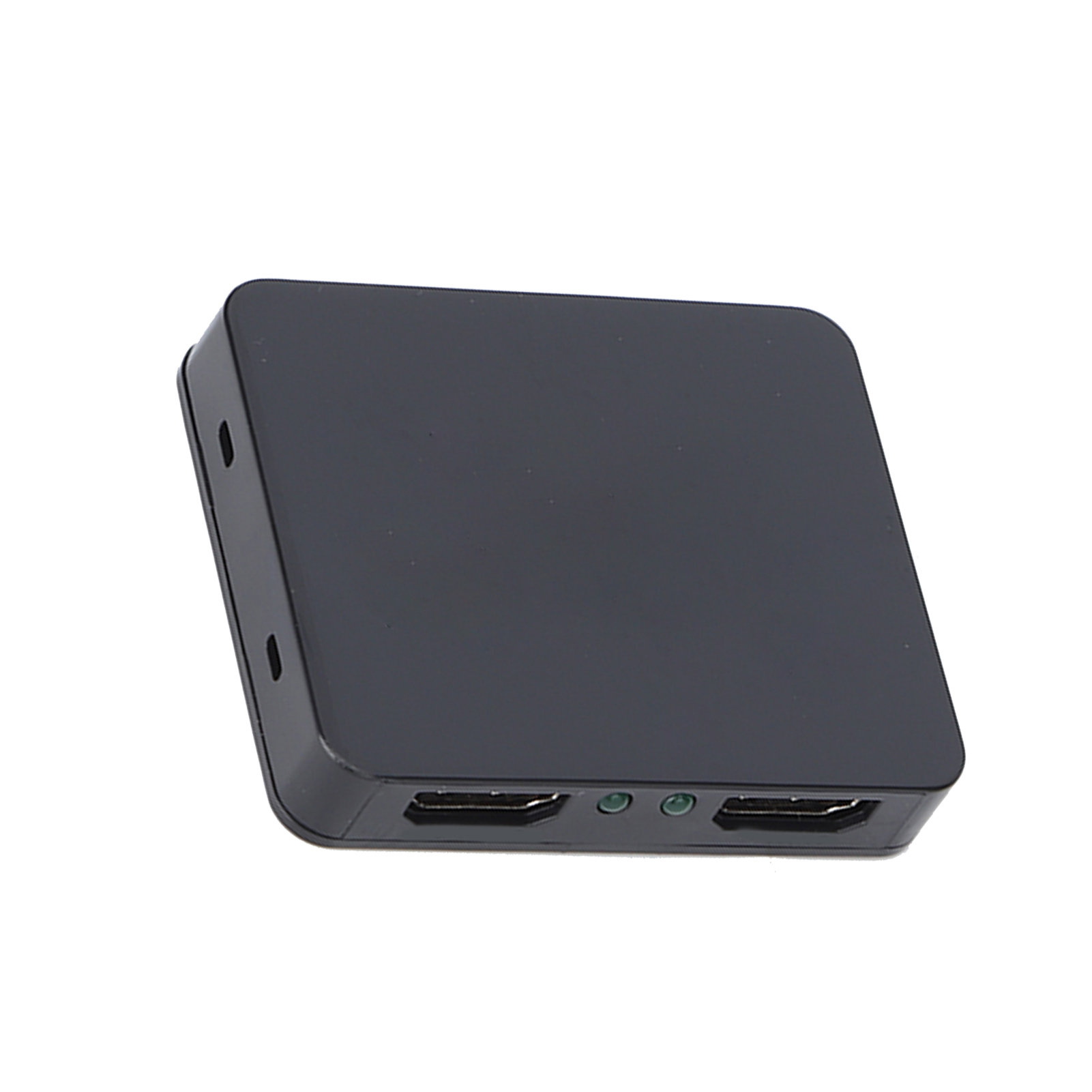 Ein schwarzer HDMI-Switch-Box mit zwei Anschlüssen. Sie hat eine rechteckige Form mit abgerundeten Kanten und liegt auf weißem Hintergrund.