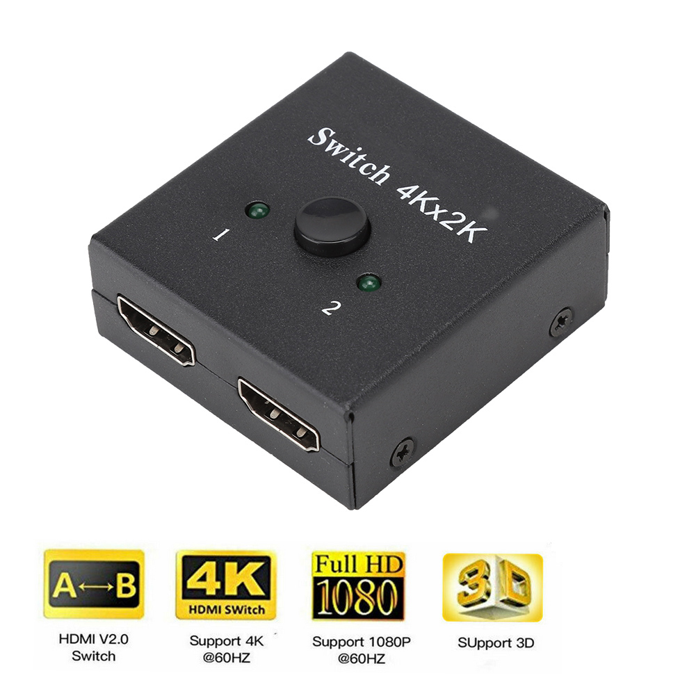 Ein schwarzer HDMI-Switch-Box mit Ein-/Ausgangsanschlüssen, einer Taste und Kontrollleuchten. Unterstützt 4K und 3D.