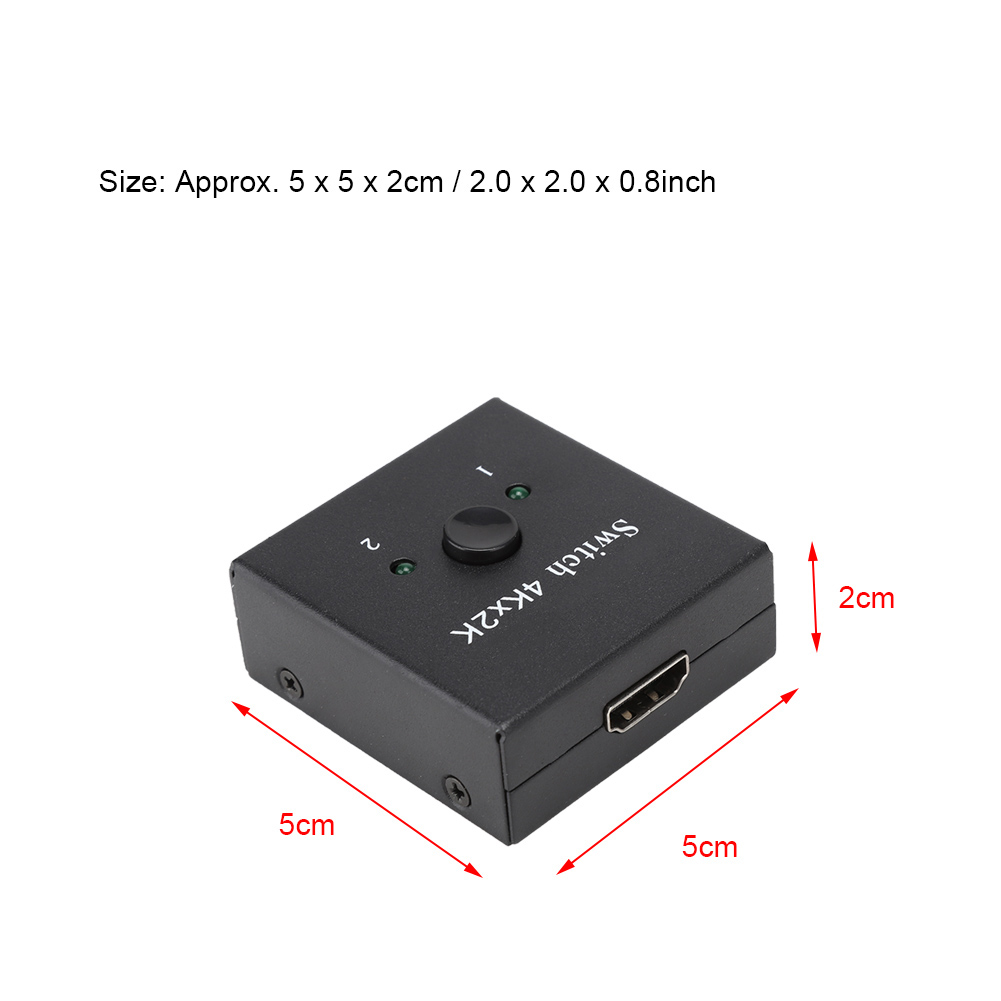 Ein schwarzer HDMI-Switch mit markierten Abmessungen. Er hat eine Taste, zwei Lichter und einen HDMI-Anschluss. Der Text 'Switch 4Kx2K' ist sichtbar.
