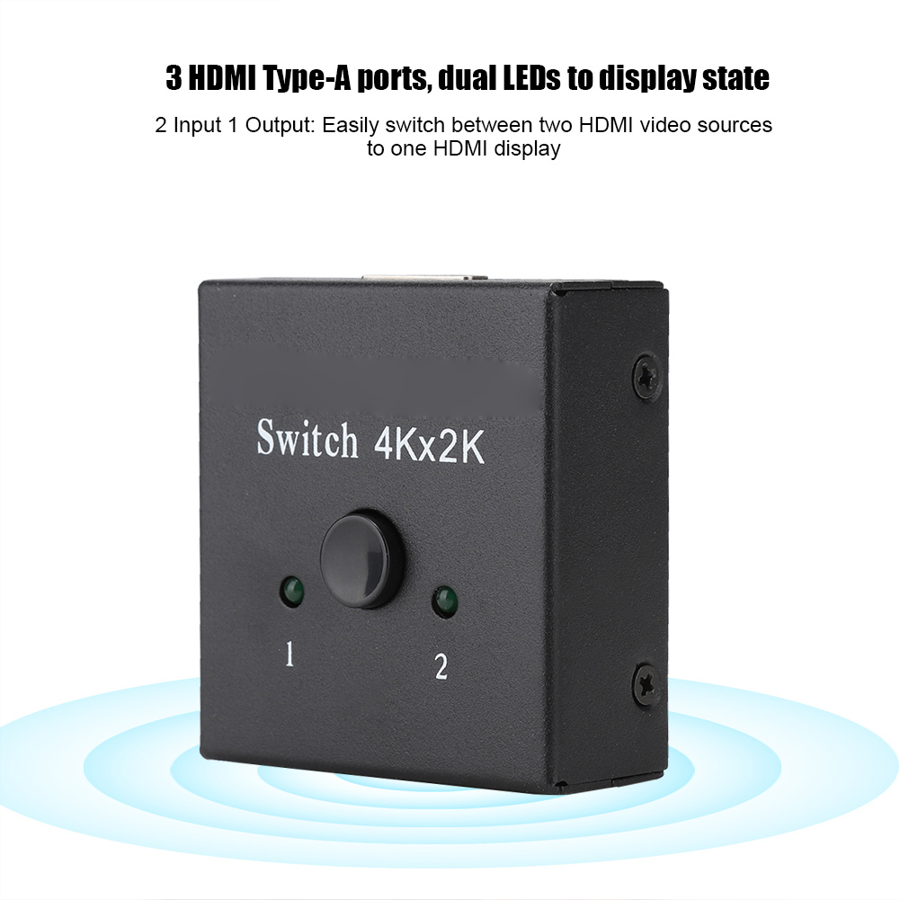 Schwarzer HDMI-Schalter mit Knopf und LEDs. Text sagt 'Switch 4Kx2K', '1' und '2'. Beschreibt 2 Eingänge, 1 Ausgang.