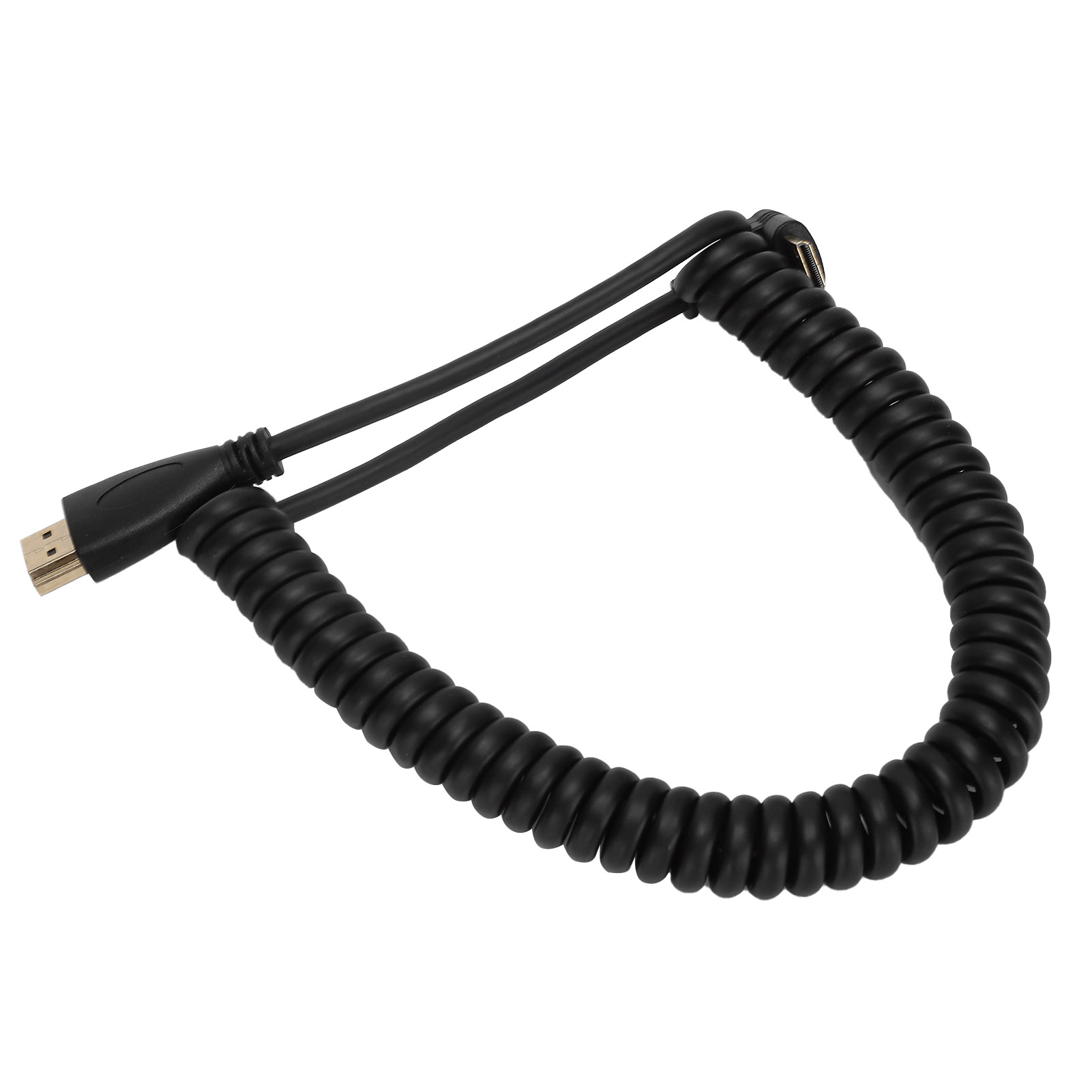 Ein schwarzes HDMI-Kabel in Spiralform. Das Kabel befindet sich auf weißem Hintergrund.