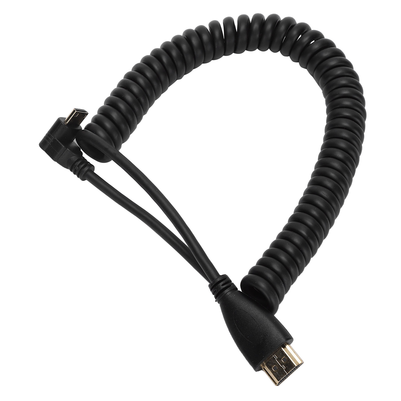Ein schwarzes Spiralkabel mit Anschlüssen an jedem Ende. Ein Ende hat Micro-USB, das andere HDMI. Weißer Hintergrund.