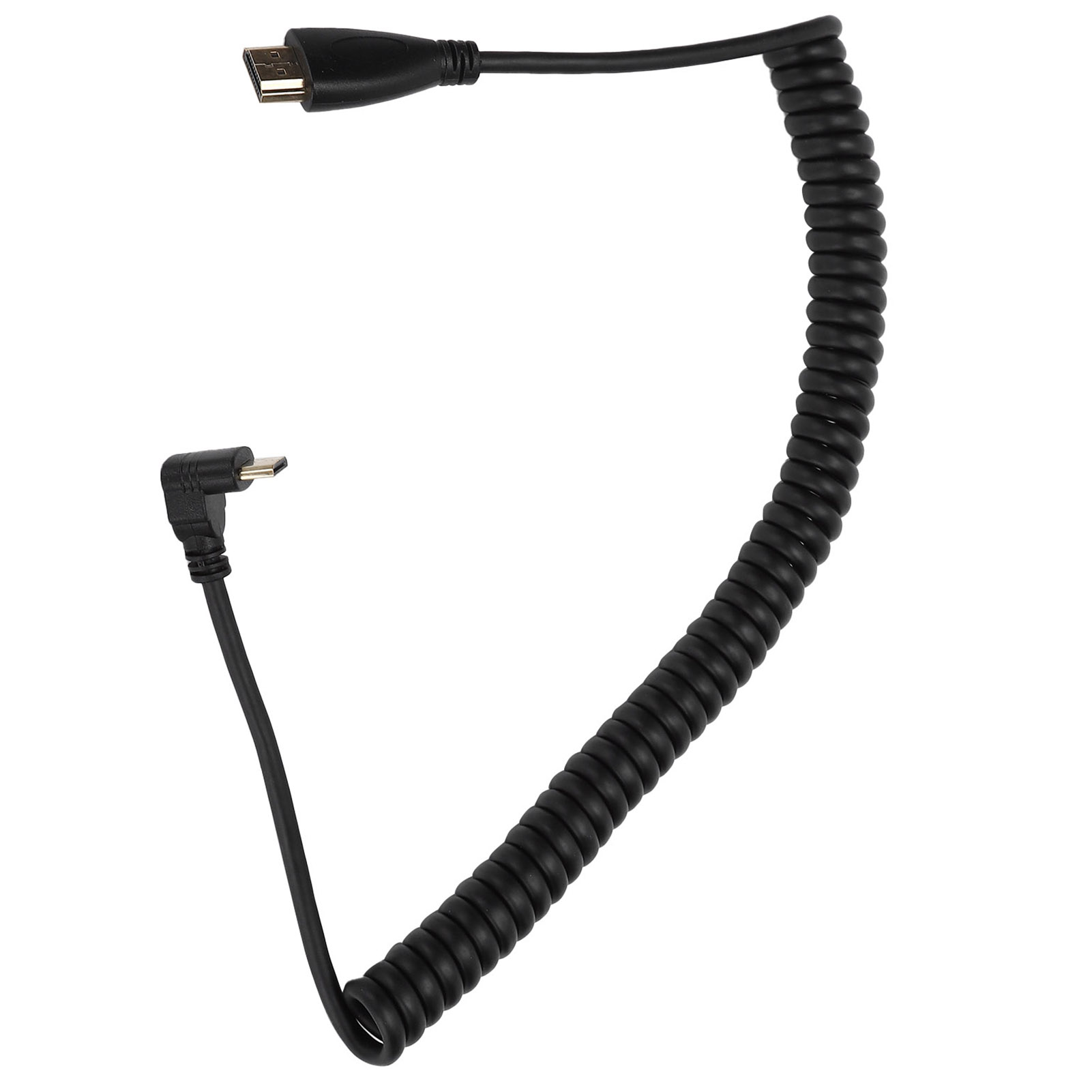 Ein schwarzes Spiralkabel mit Steckern an beiden Enden. Eines ist ein gerades USB-Kabel, das andere ein abgewinkeltes Micro-USB-Kabel.