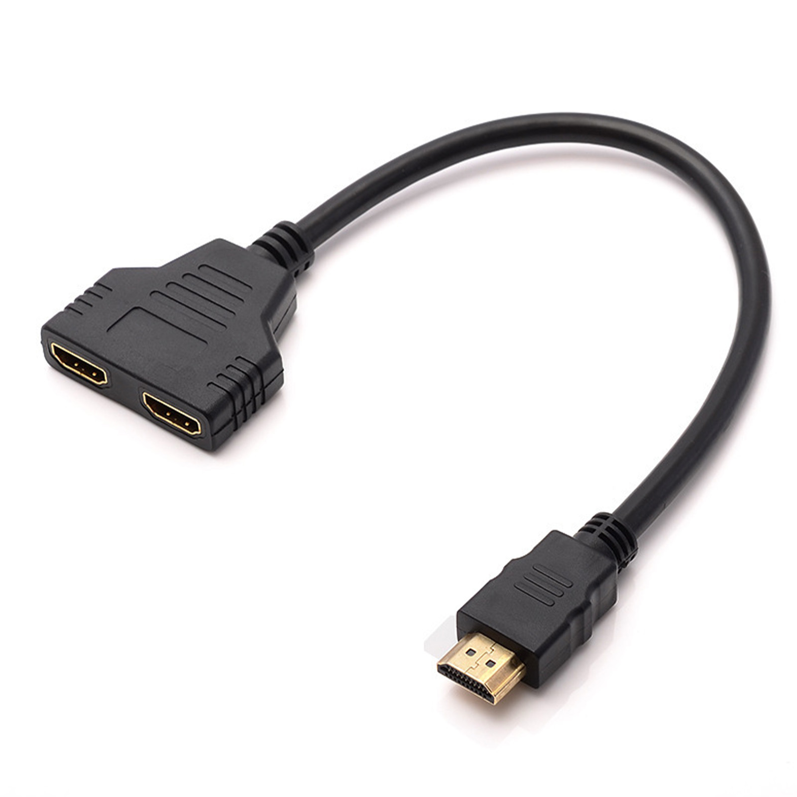 Schwarzes HDMI-Splitterkabel mit zwei Ausgangsanschlüssen und einem Eingangsanschluss auf weißem Hintergrund.