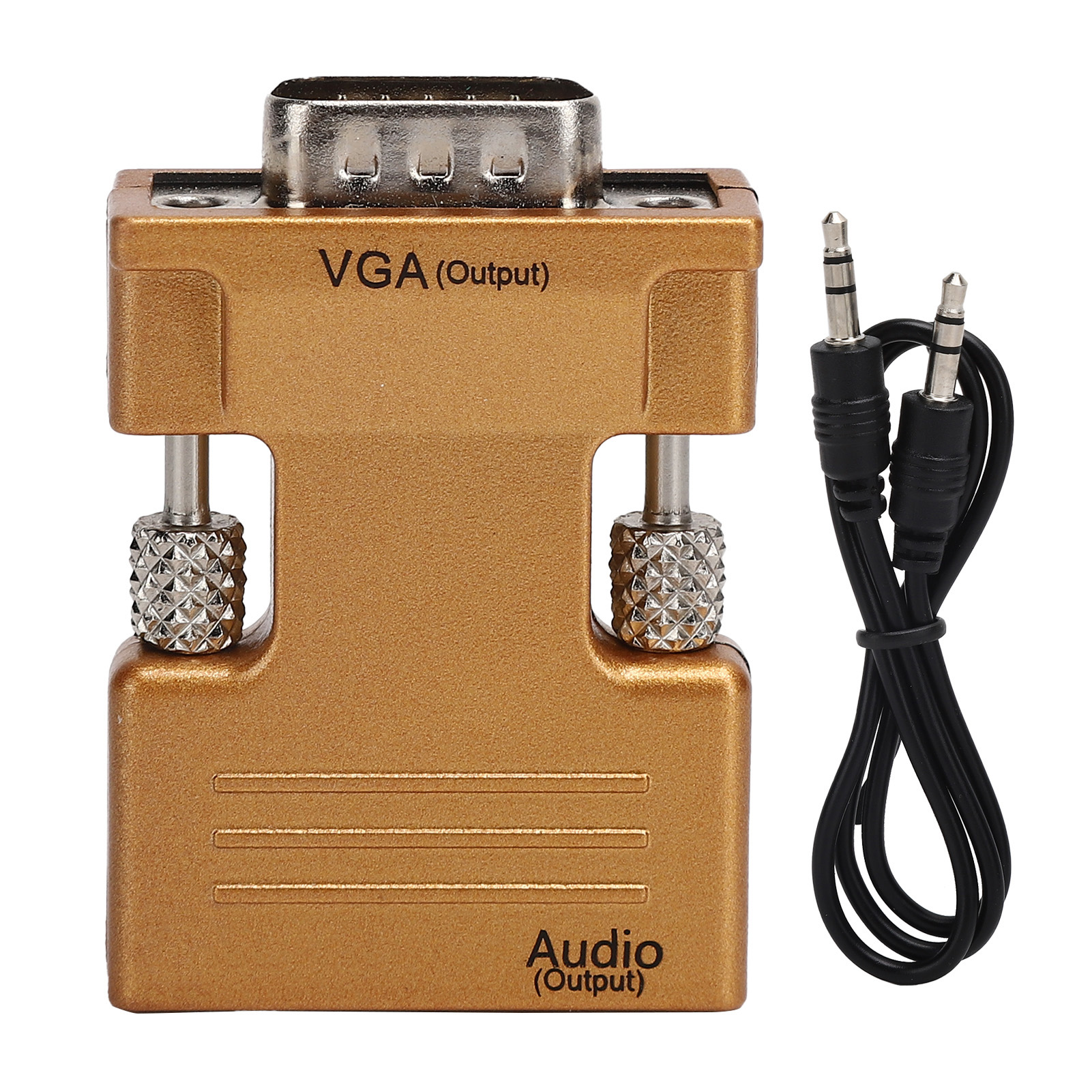 Goldener VGA-zu-Audio-Adapter mit schwarzen Audiokabeln. Es hat VGA- und Audioausgangsbezeichnungen.