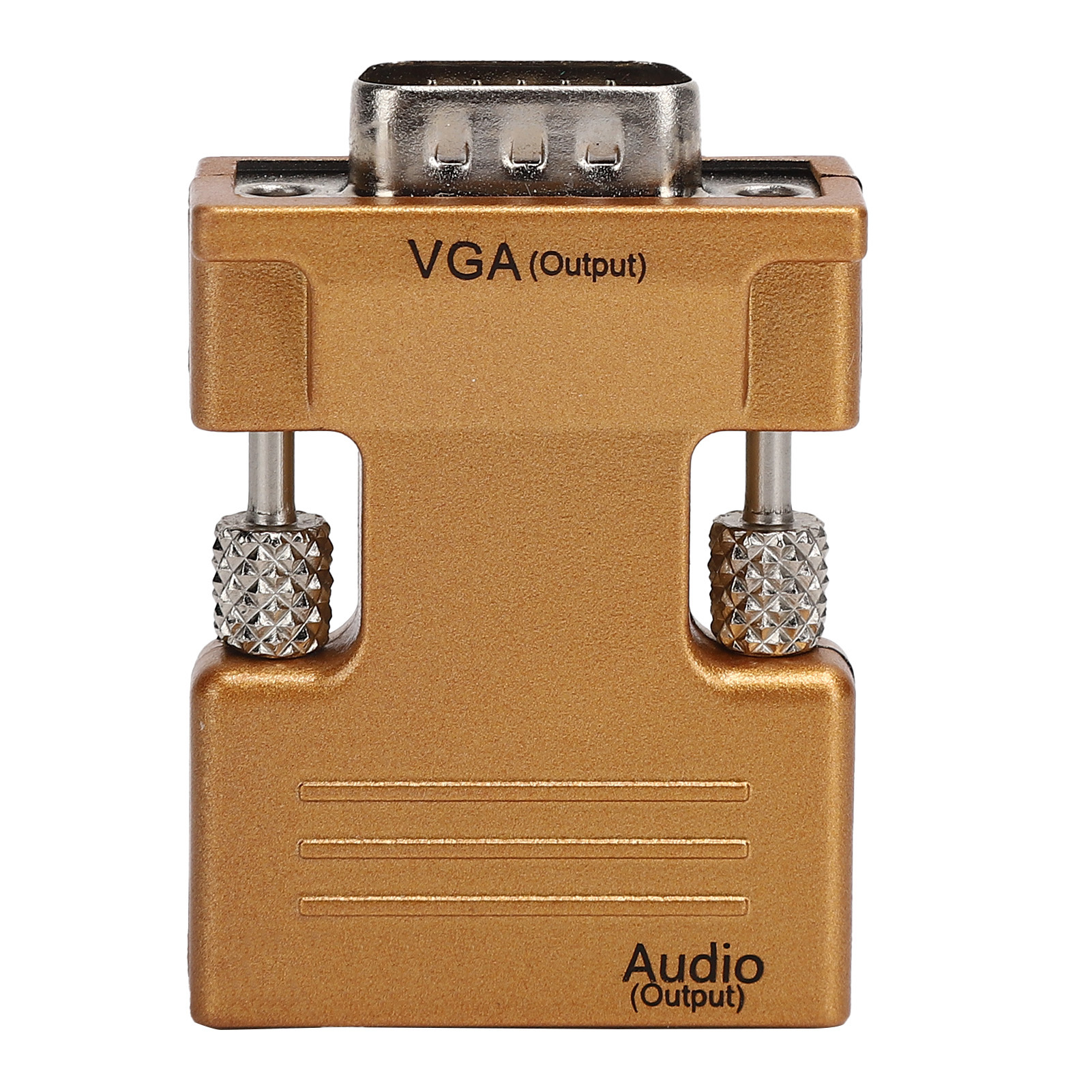 Goldener VGA-zu-Audio-Adapter. Er hat einen VGA-Ausgang und einen Audio-Ausgang. Gerändelte Schrauben befinden sich an den Seiten.