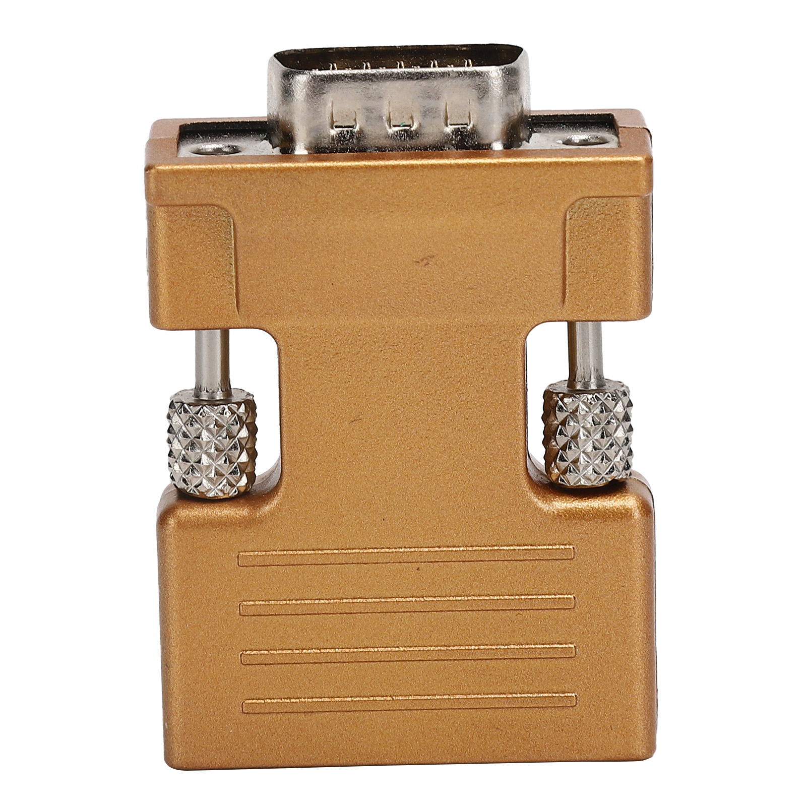 Ein goldfarbener Adapter mit einem silbernen Anschluss oben und zwei silbernen Knöpfen. Isoliert auf weißem Hintergrund.