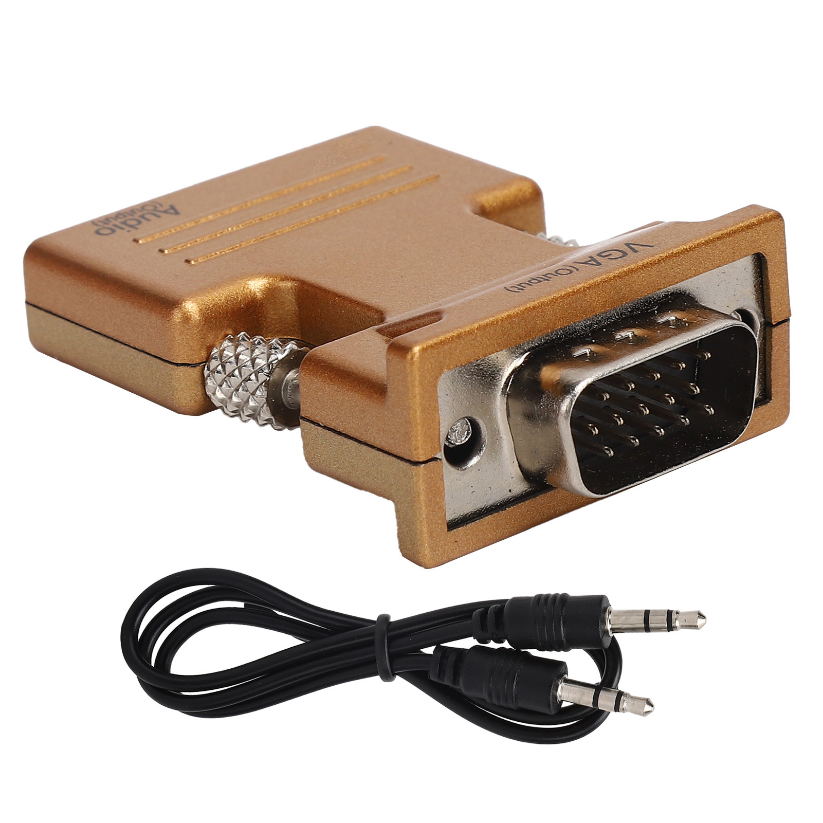 Ein goldfarbener VGA-Adapter mit Audioanschlüssen und einem schwarzen Audiokabel. Der Adapter ist mit 'Audio' und 'VGA Output' beschriftet.