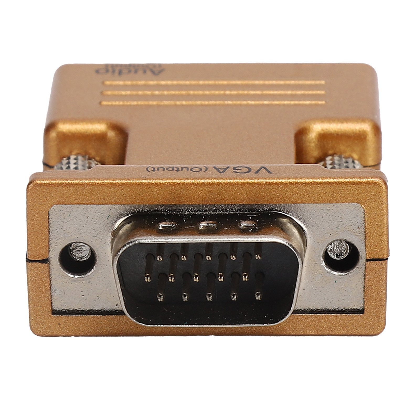Ein goldfarbener VGA-Adapter mit einem silbernen Stecker. Der Stecker hat Stifte. Er lautet 'VGA (Ausgang)'.