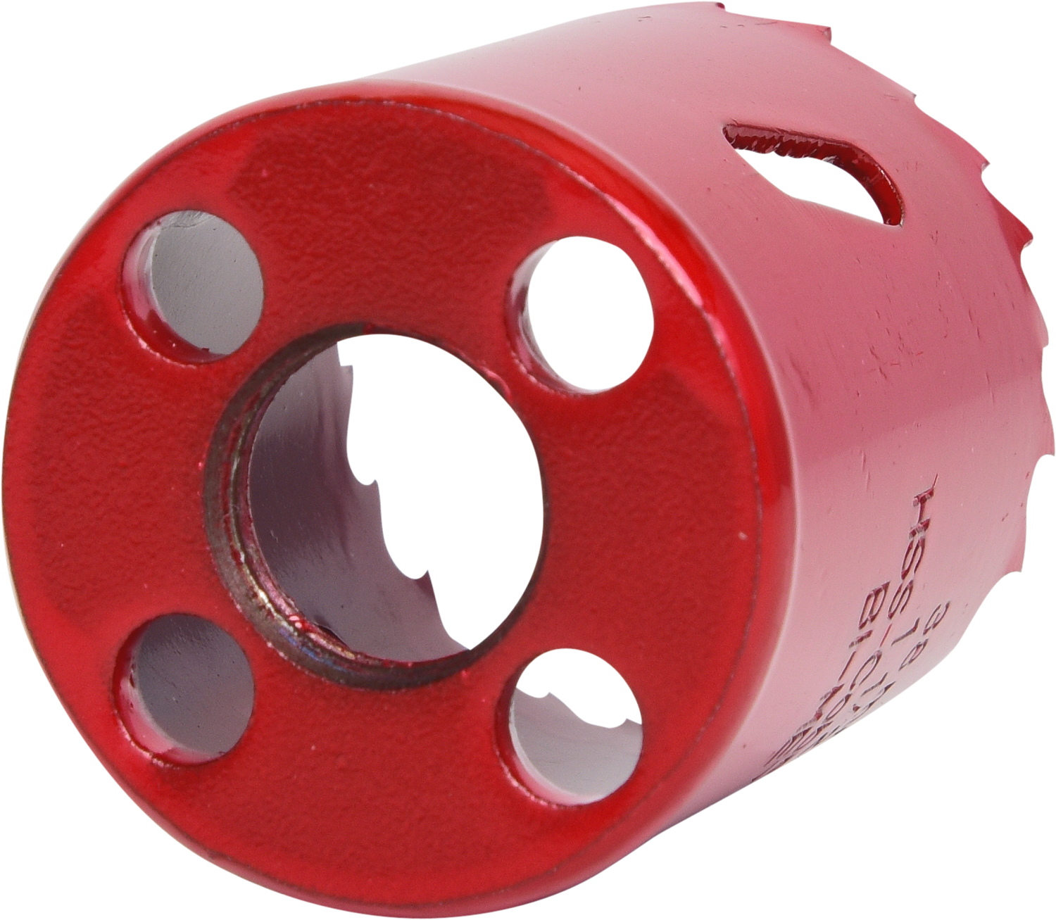 Eine rote Lochsäge mit mehreren Löchern. Sie hat eine zylindrische Form mit gezahntem Rand und ist aus Metall.