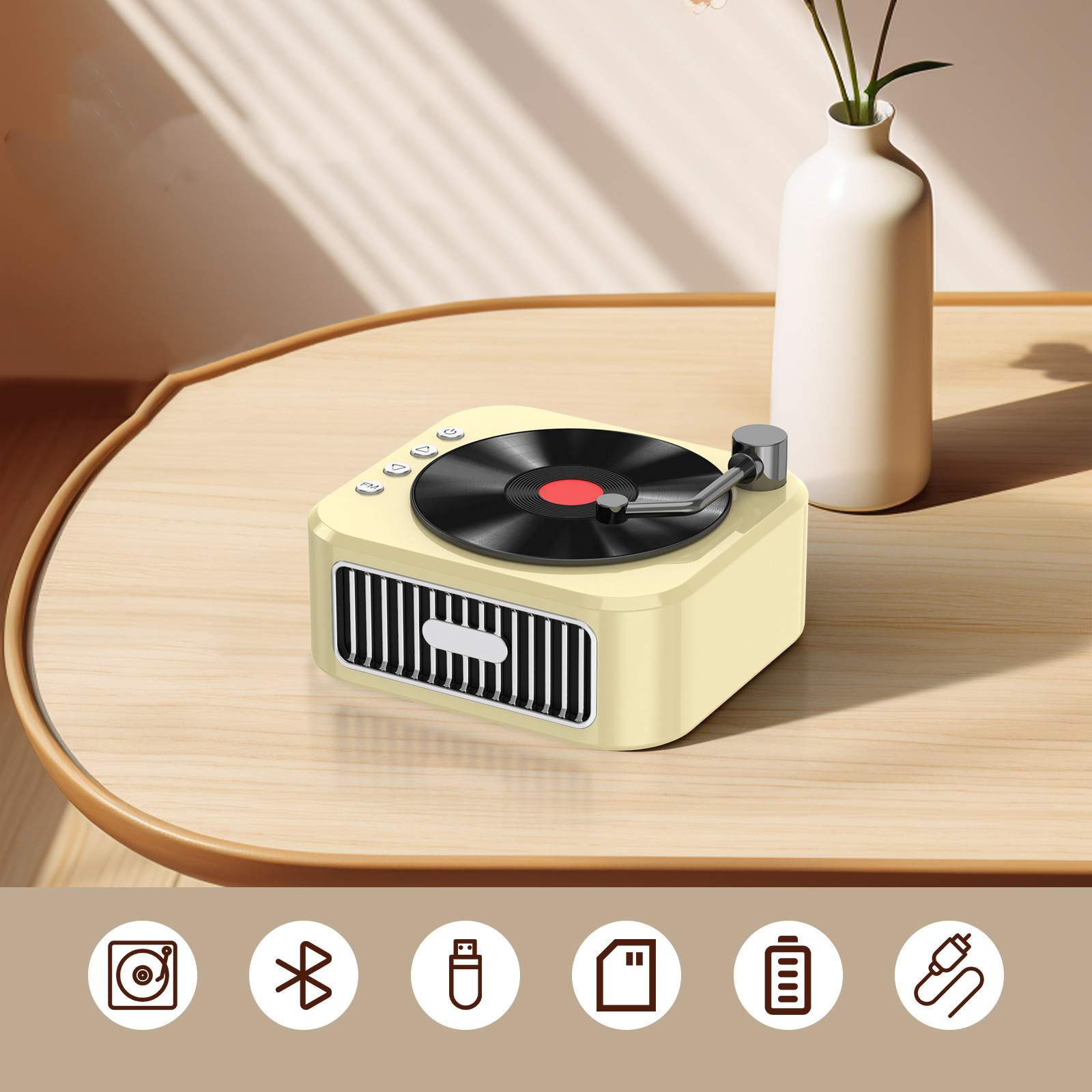 Ein beigefarbener Retro-Plattenspieler steht auf einem Holztisch. Dahinter steht eine weiße Vase mit Blumen. Unten: Symbole für verschiedene Funktionen.