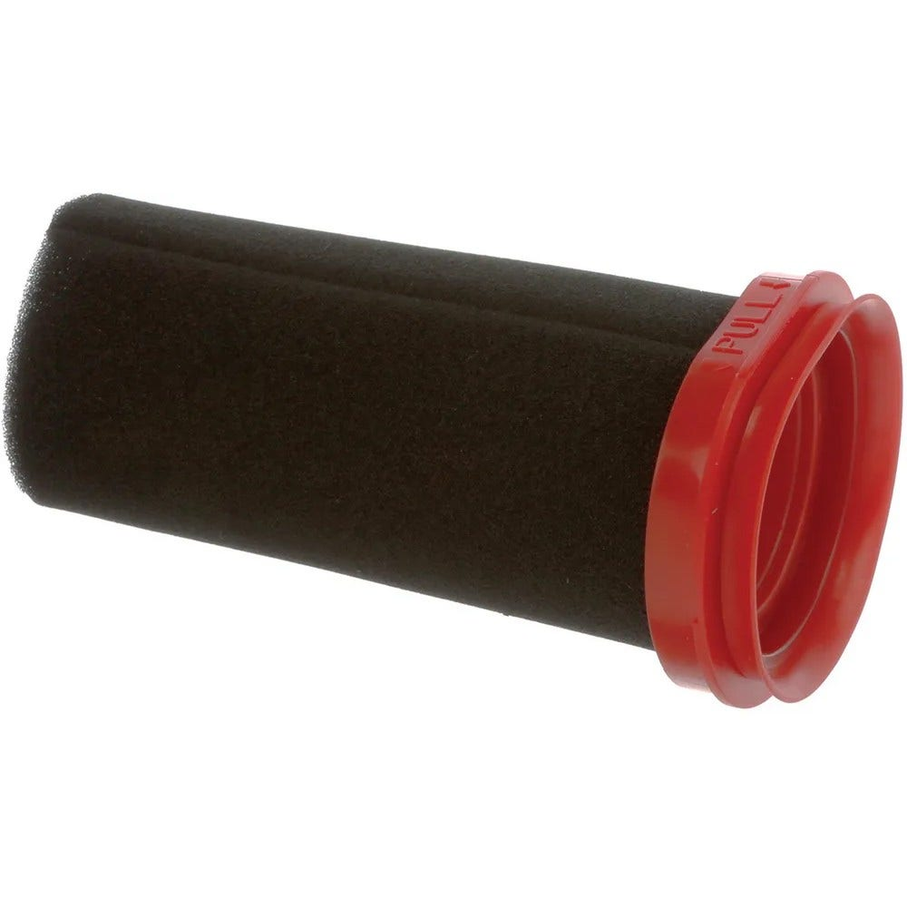 Ein schwarzer zylindrischer Luftfilter mit einem roten Ring an einem Ende. Der Ring trägt das Wort 'PULL'.