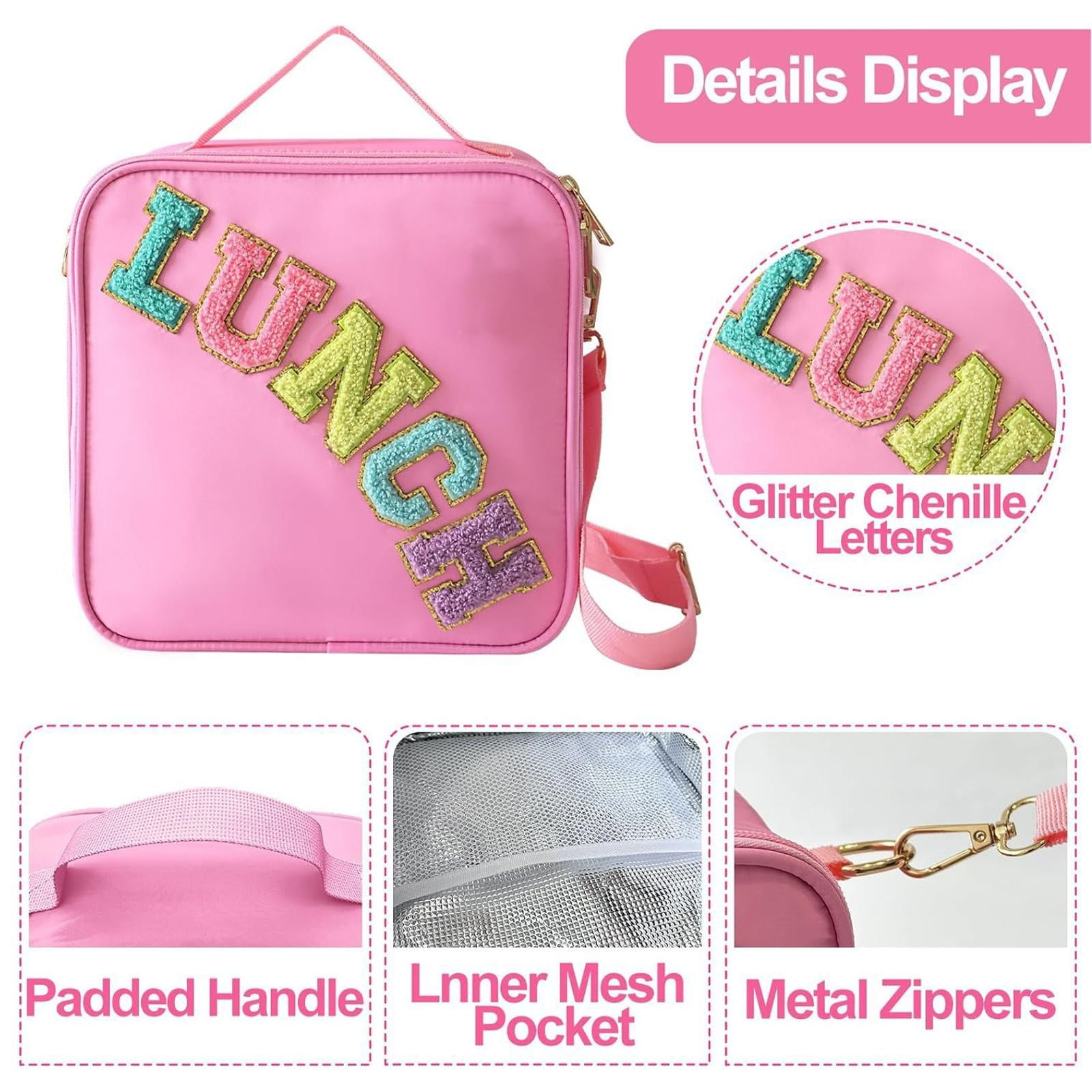 Eine rosa Lunchtasche mit bunten Buchstaben 'LUNCH'. Merkmale sind ein Griff, Schultergurt, Reißverschluss und Netztasche.
